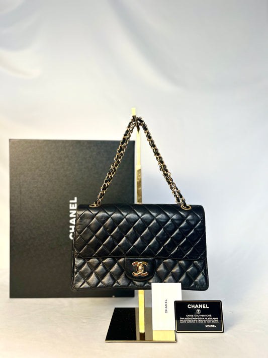Authentic 1980s Chanel Black Lambskin Medium Classic Flap