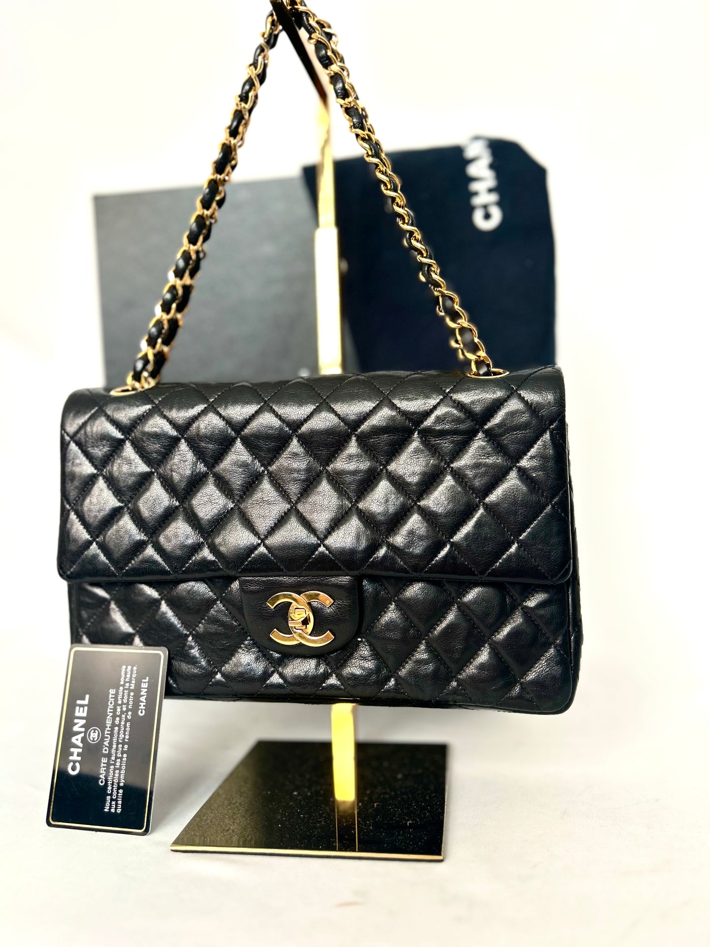 Authentic 1980s Chanel Lambskin Medium Classic Flap with 24k gold plated hardware