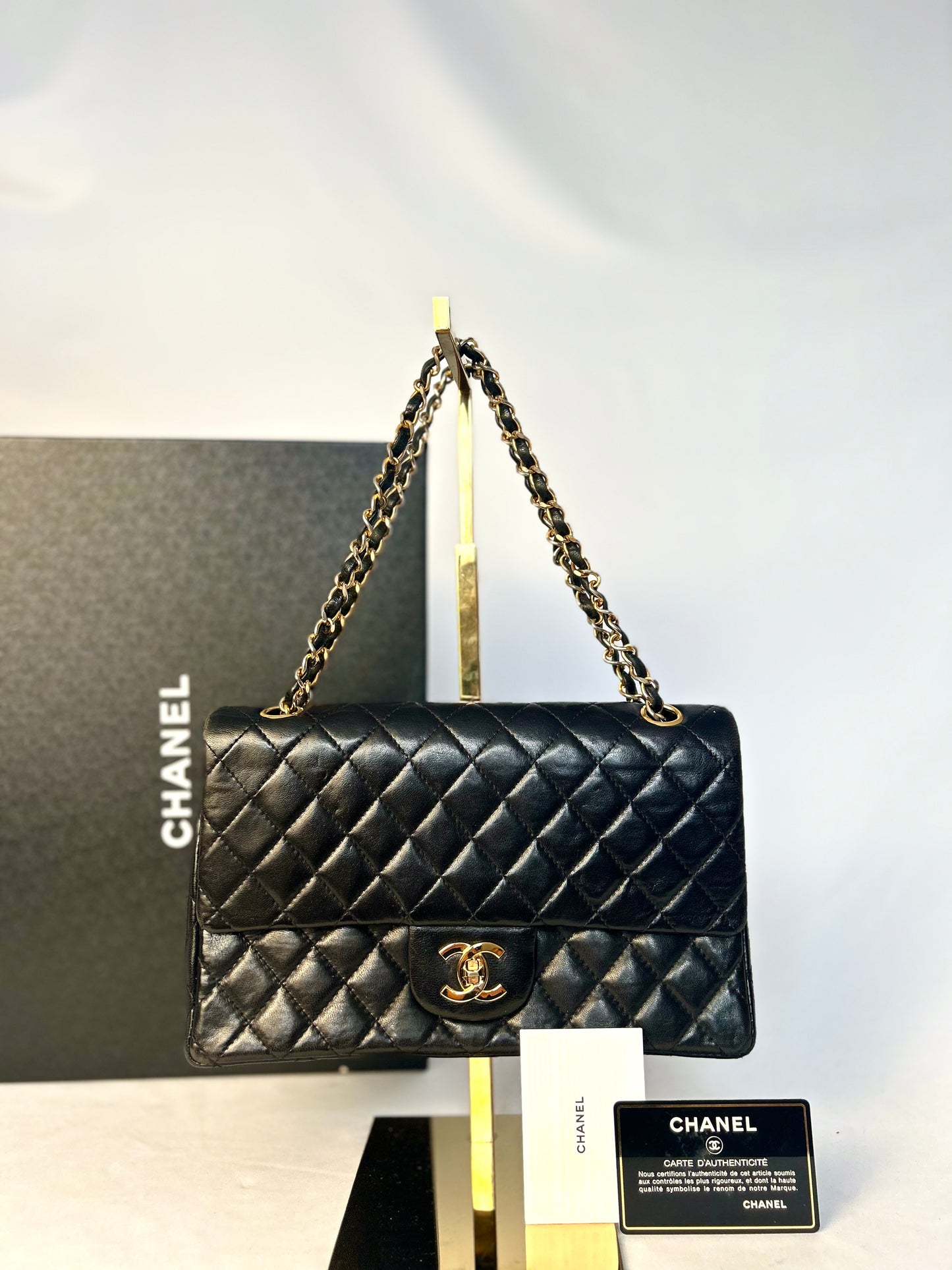 Authentic 1980s Chanel Black Lambskin Medium Classic Flap