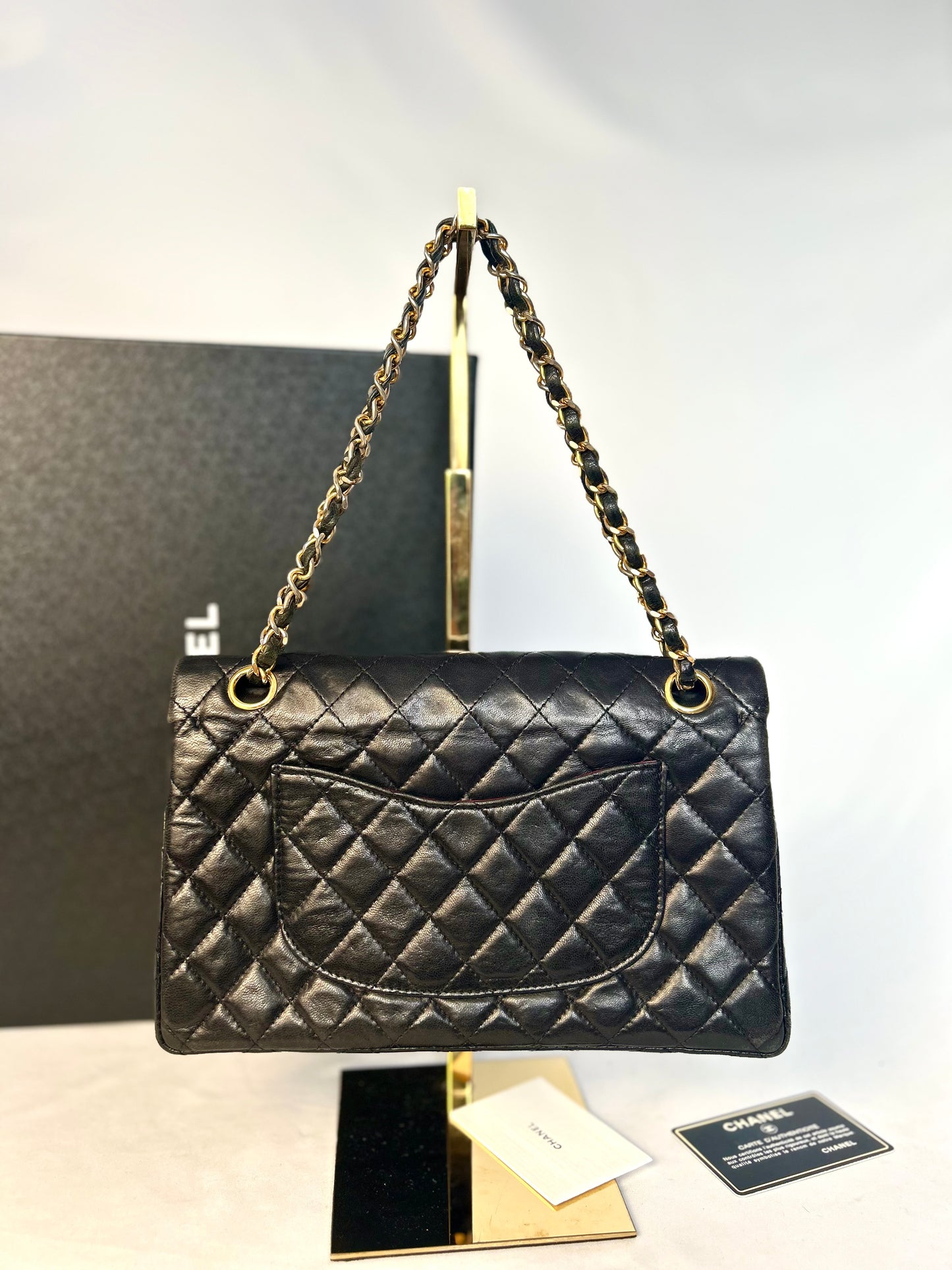 Authentic 1980s Chanel Black Lambskin Medium Classic Flap