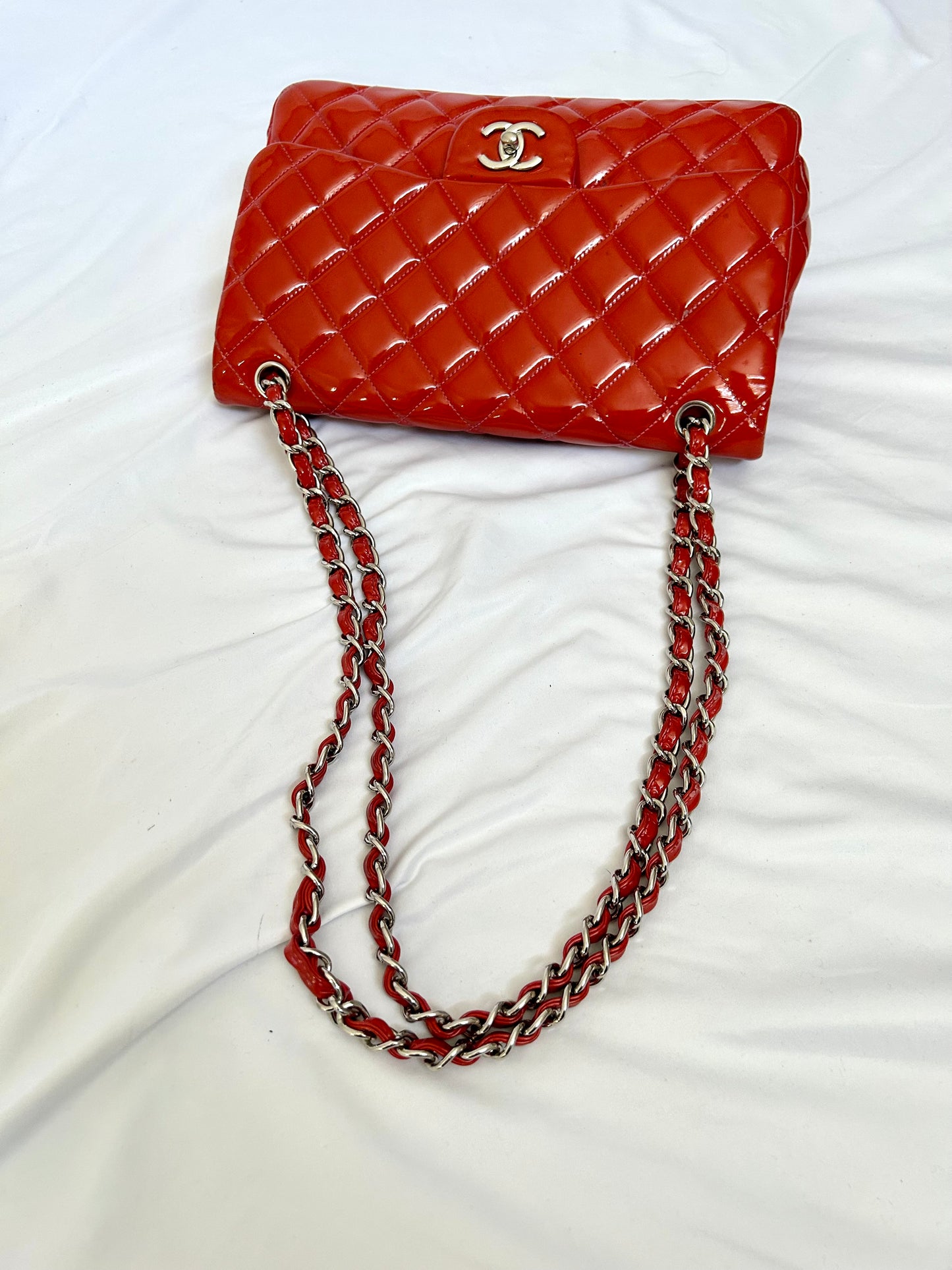 Chanel Orange Patent Medium Classic Flap