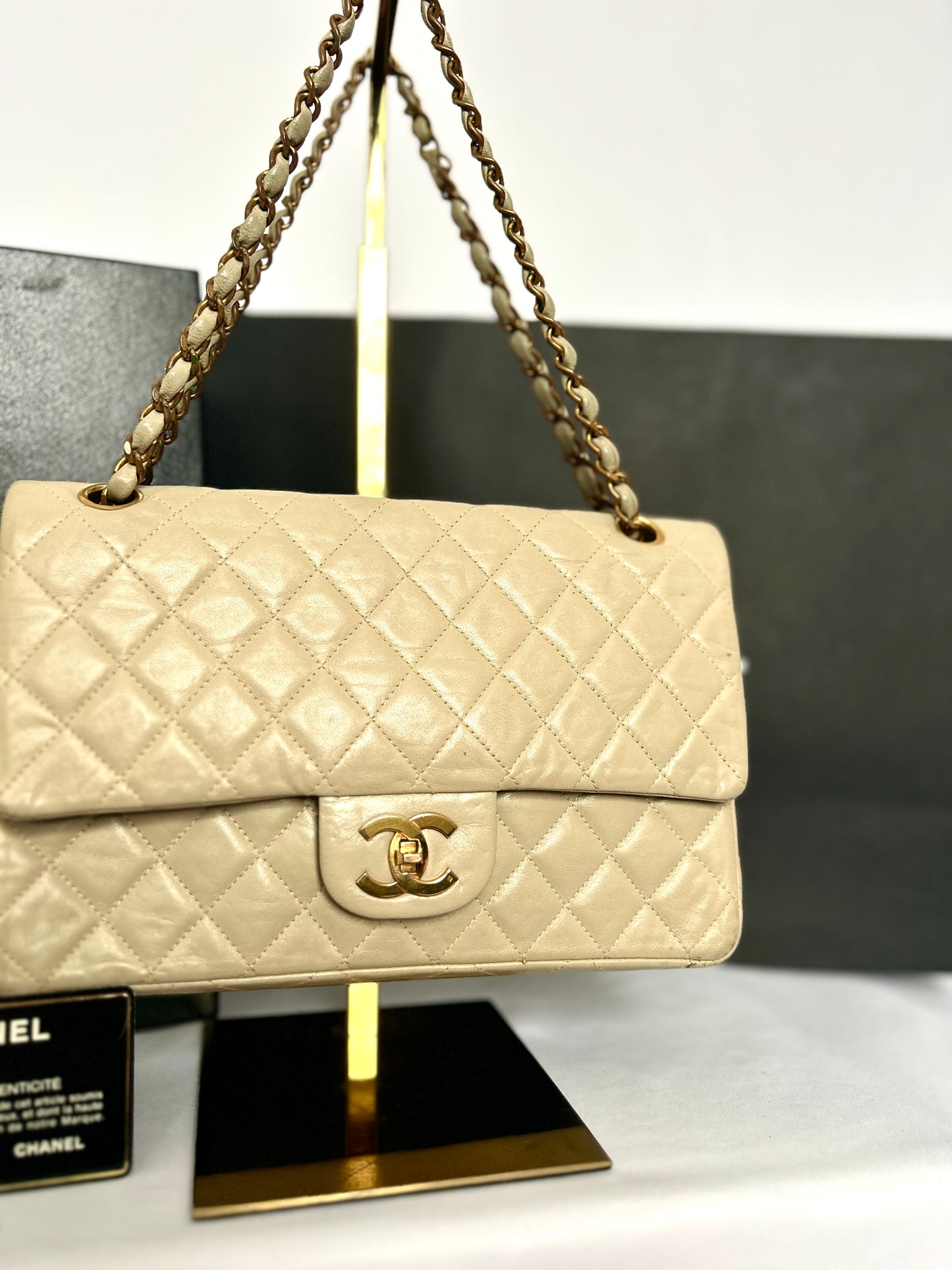 Beige Lambskin Medium Classic Flap