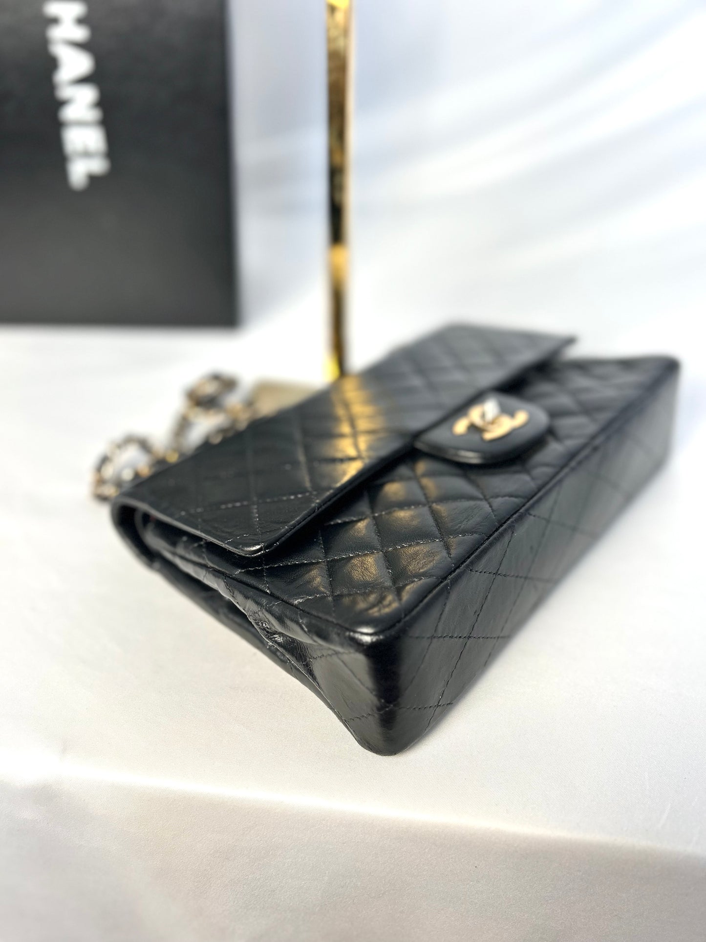 Authentic 1980s Vintage Chanel Black Lambskin Medium Classic Flap