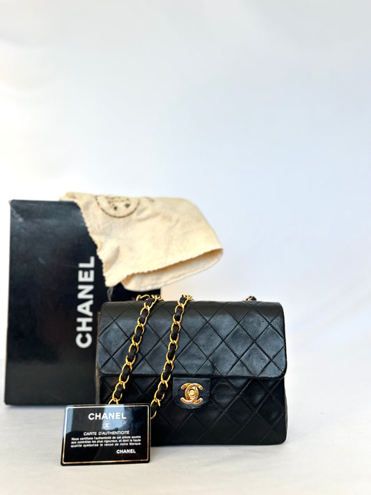 Authentic Chanel Black Lambskin Mini Square Flap Bag