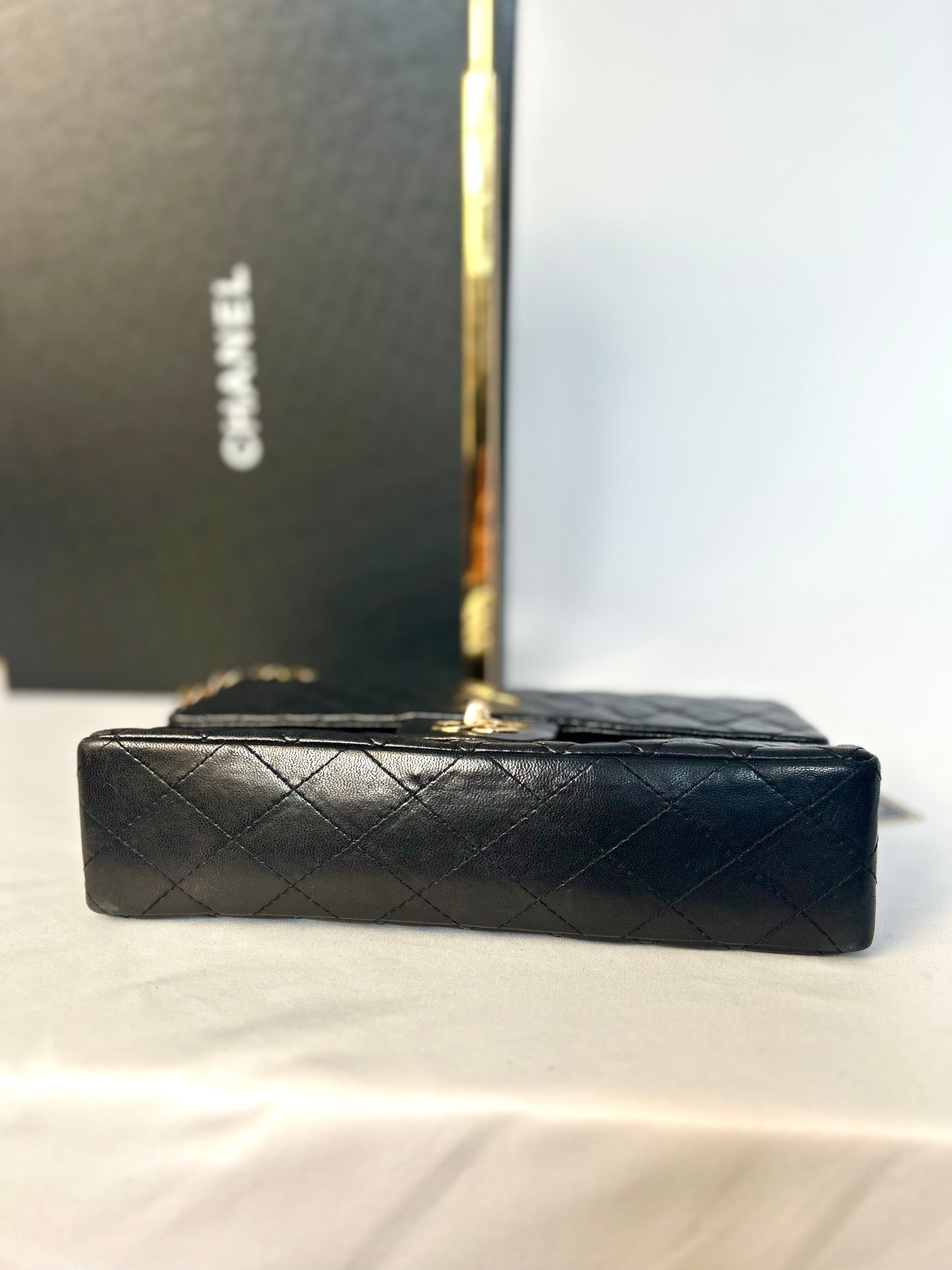 Authentic 1980s Chanel Black Lambskin Medium Classic Flap
