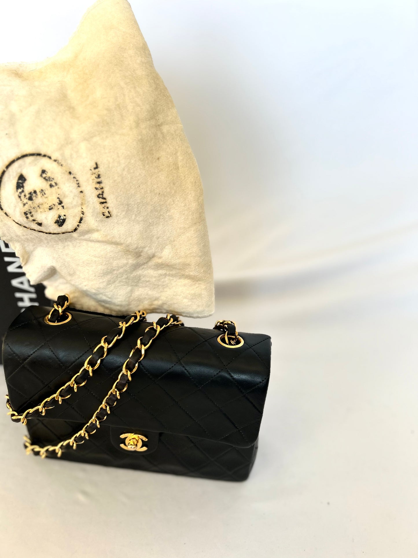 Authentic Chanel Black Lambskin Mini Square Flap Bag