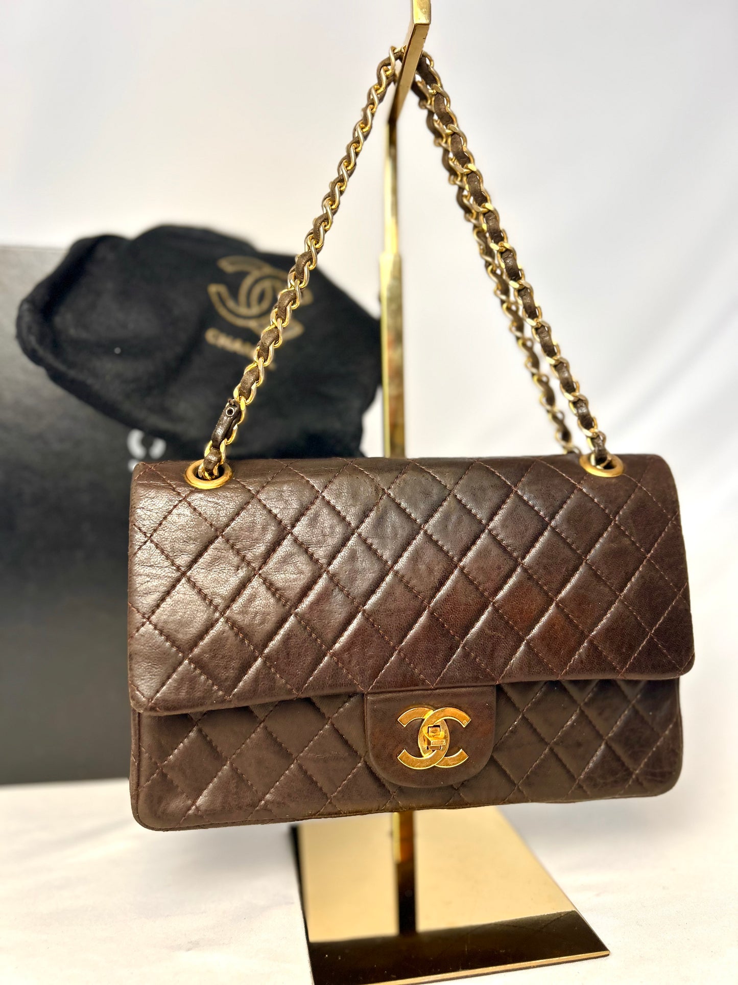 Chocolate Brown Chanel 1980s Vintage Medium Lambskin Classic Flap & Chanel Sneakers