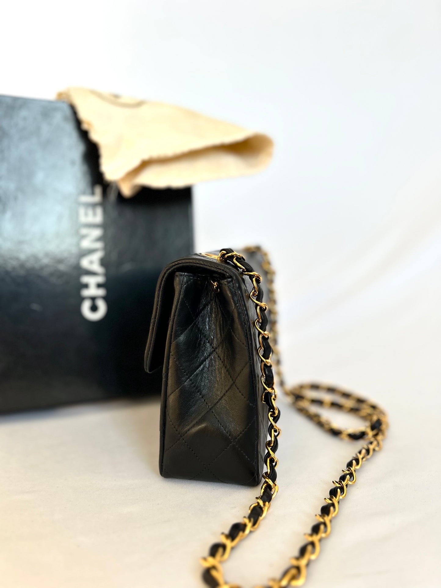 Authentic Chanel Black Lambskin Mini Square Flap Bag