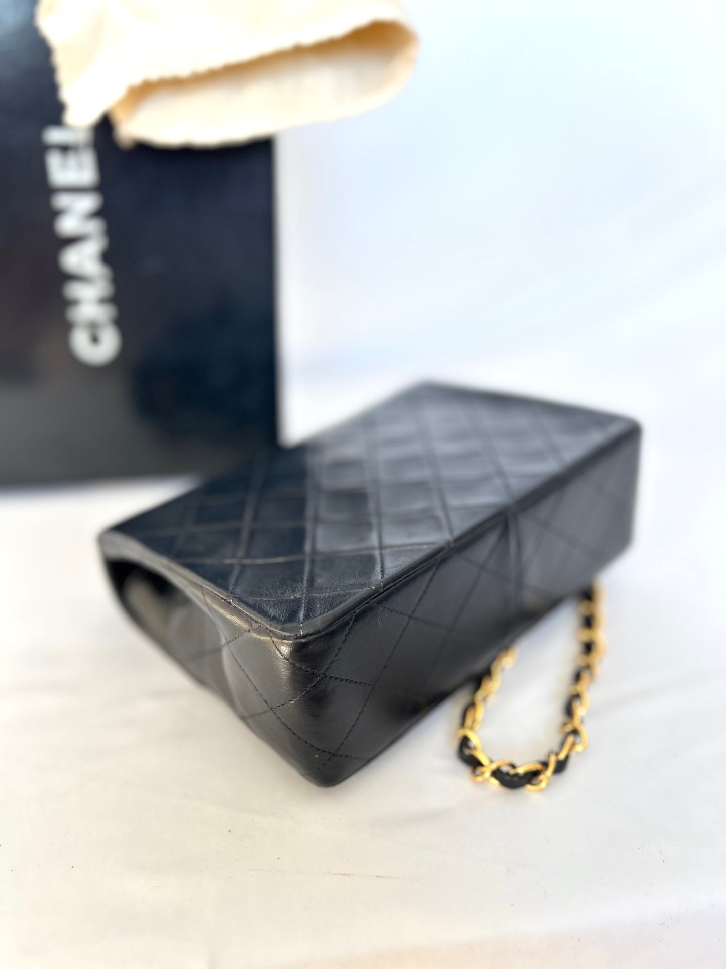 Authentic Chanel Black Lambskin Mini Square Flap Bag