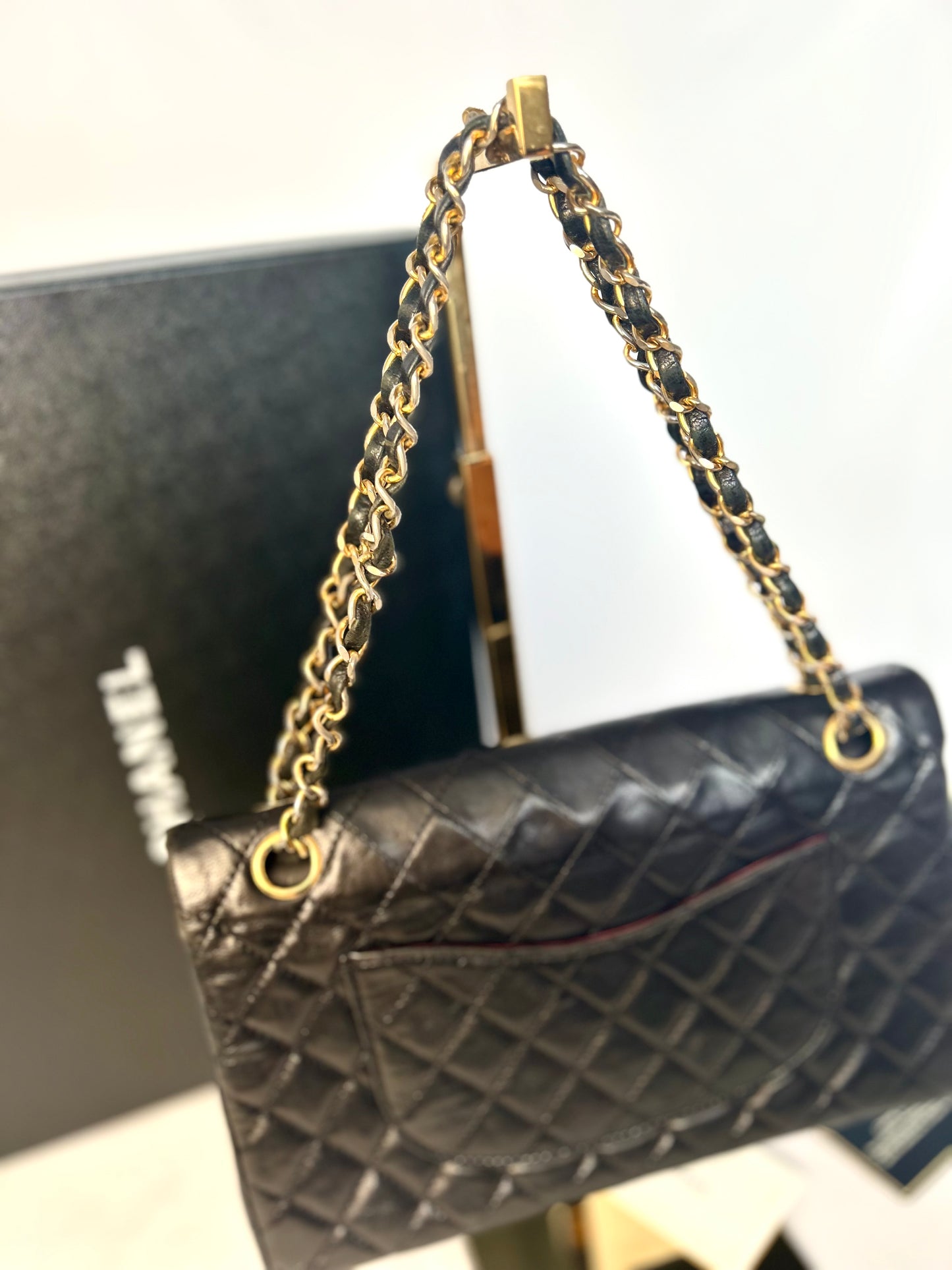 Authentic 1980s Chanel Black Lambskin Medium Classic Flap