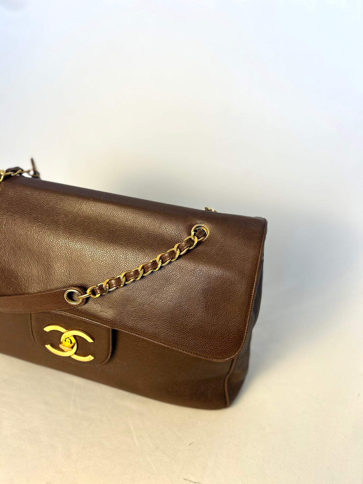 Authentic Chanel Vintage Caviar Supermodel XL Brown Flap Bag