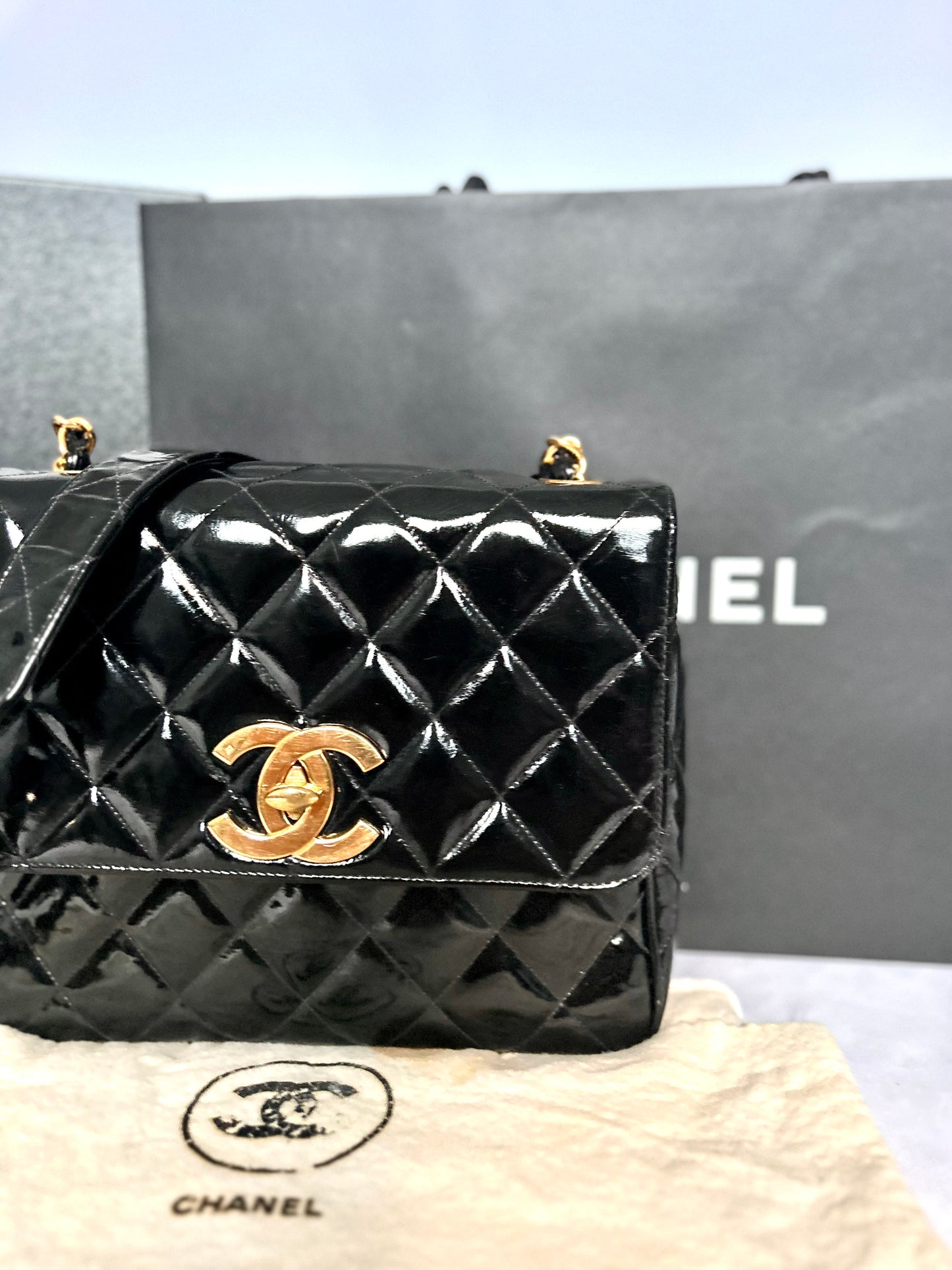 Gorgeous Vintage Black Patent Leather Square Bag