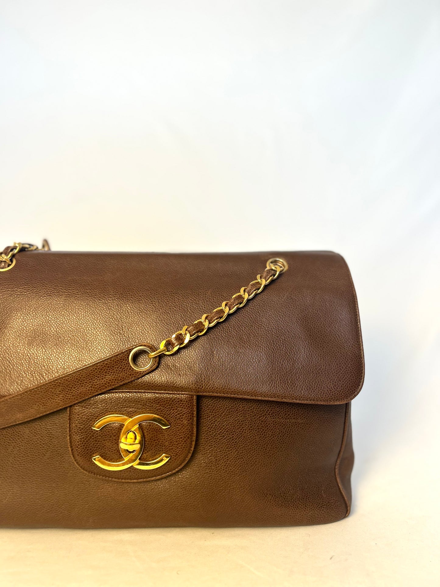 Authentic Chanel Vintage Caviar Supermodel XL Brown Flap Bag