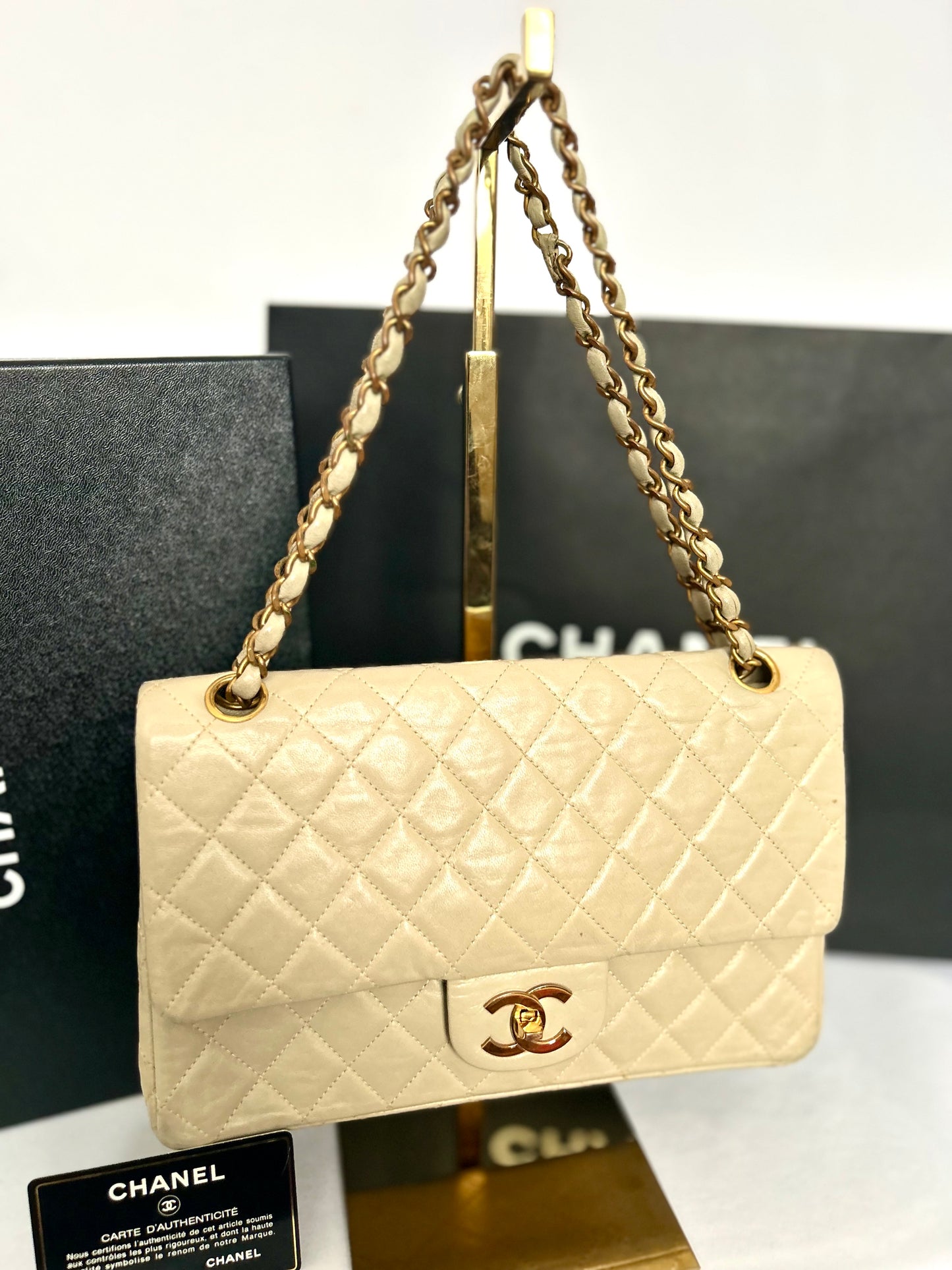 Beige Lambskin Medium Classic Flap