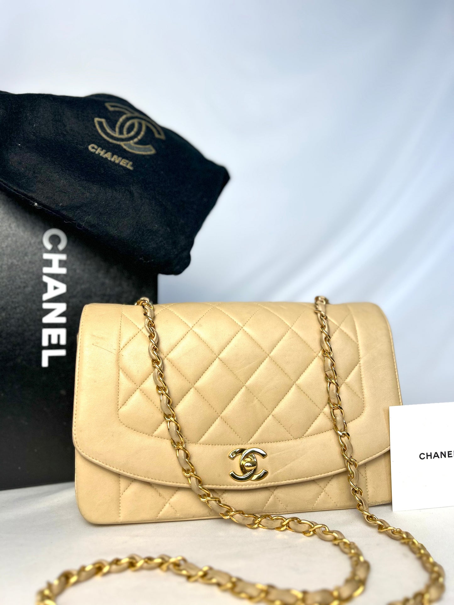 Authentic Vintage Chanel Beige Lambskin Diana Flap Bag