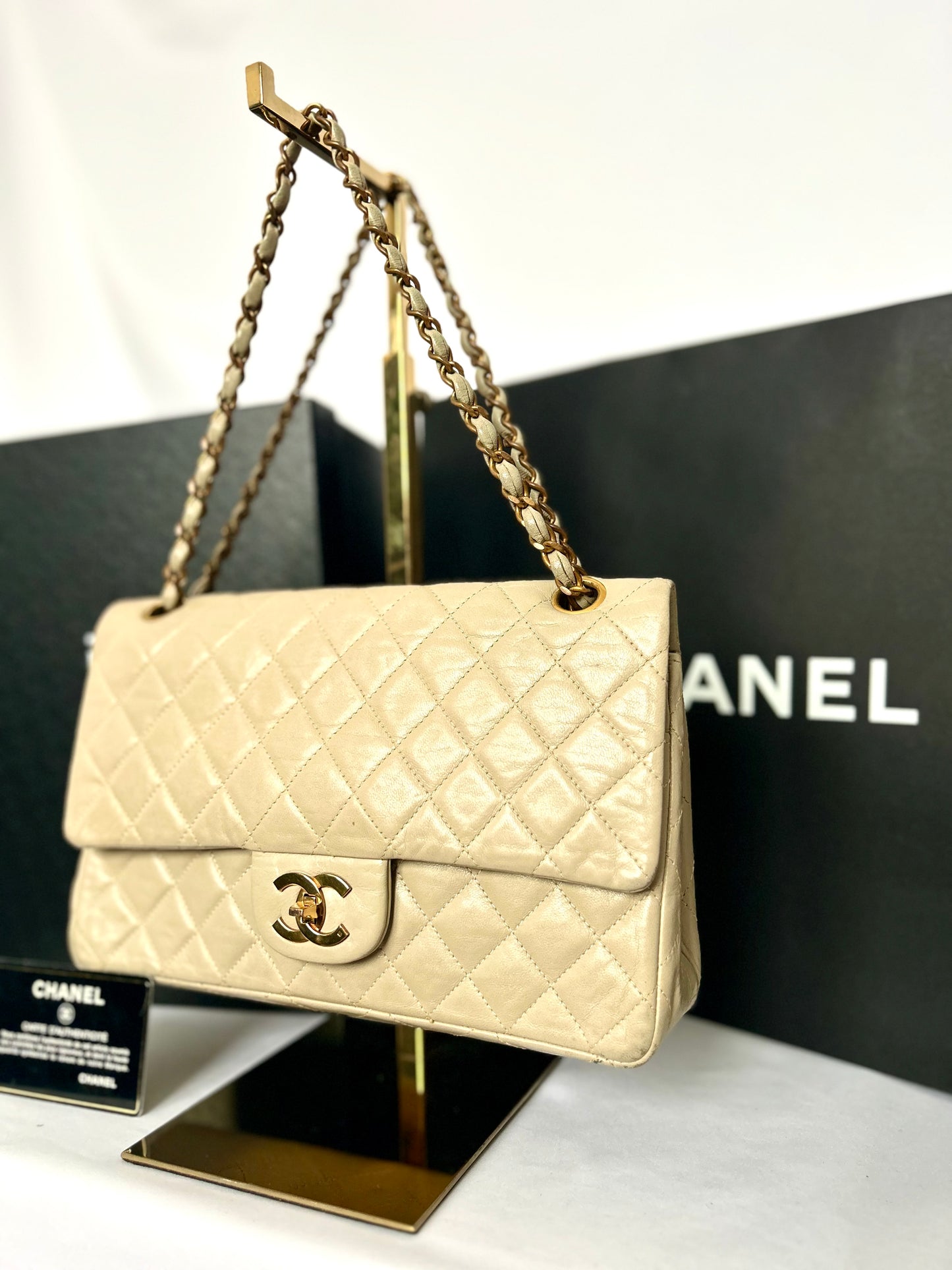 Beige Lambskin Medium Classic Flap