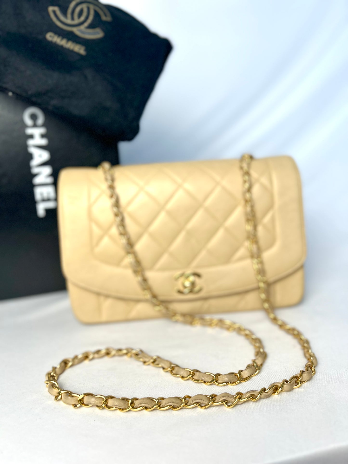 Authentic Vintage Chanel Beige Lambskin Diana Flap Bag