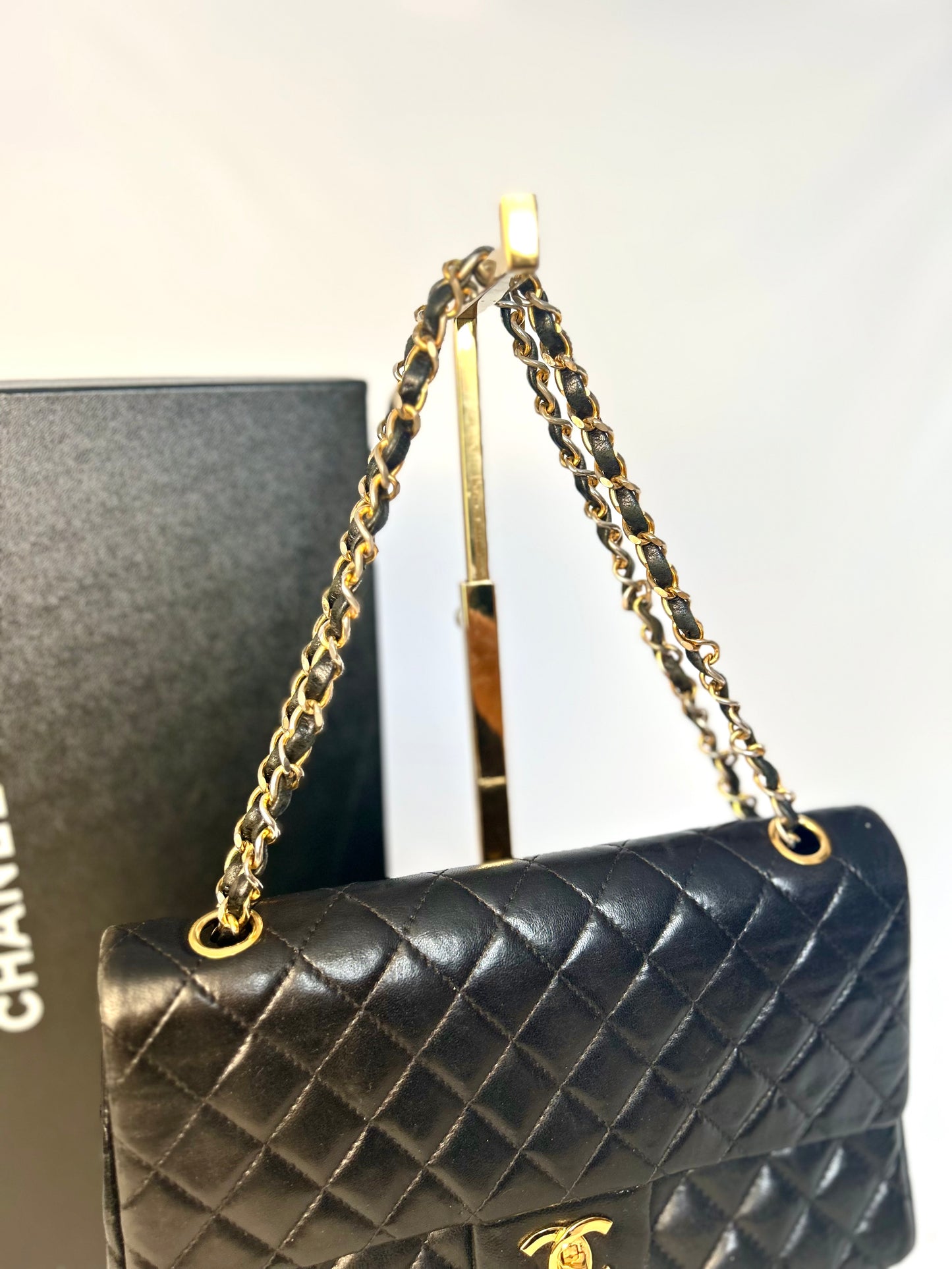 Authentic 1980s Chanel Black Lambskin Medium Classic Flap