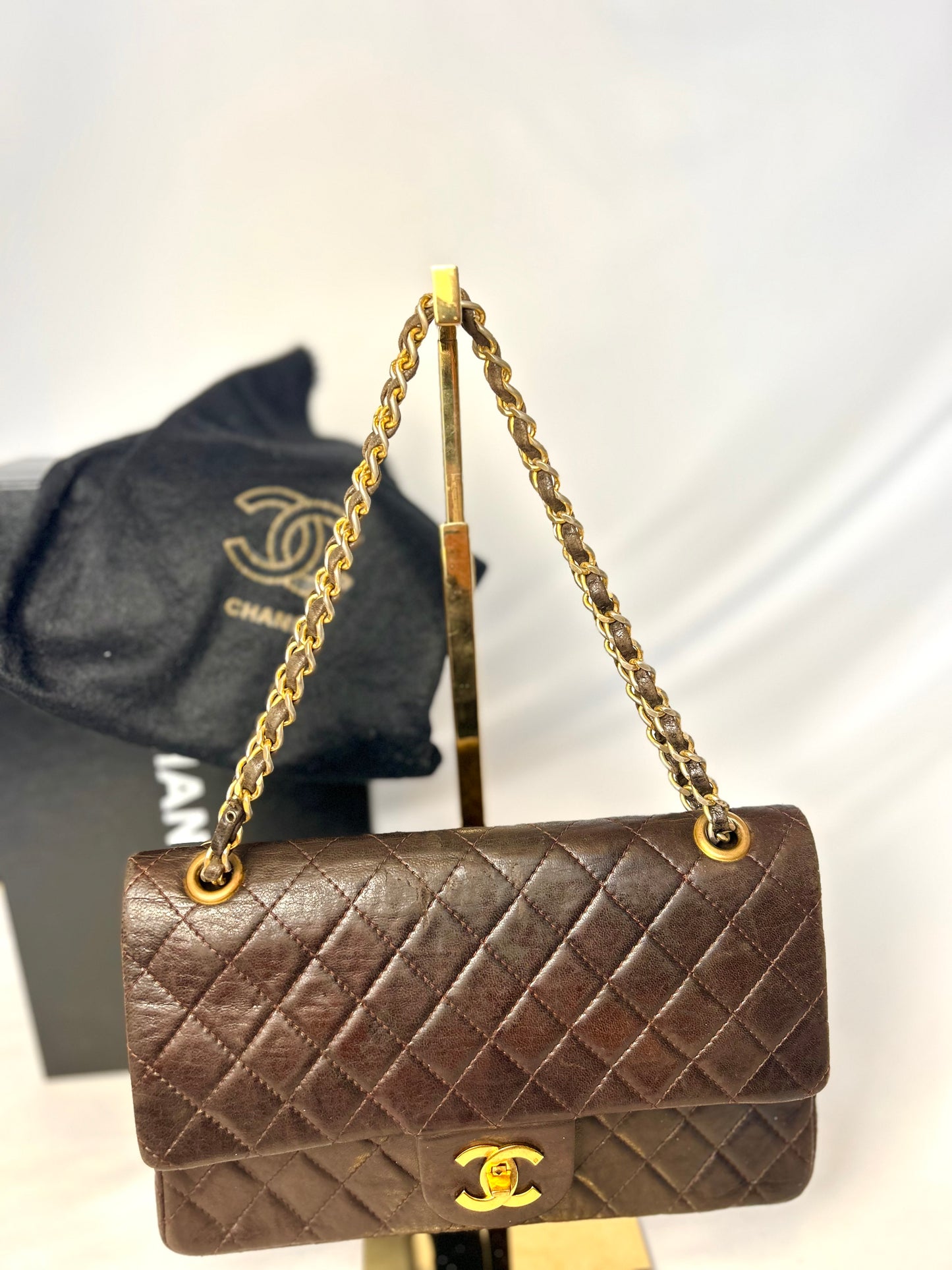 Chocolate Brown Chanel 1980s Vintage Medium Lambskin Classic Flap & Chanel Sneakers