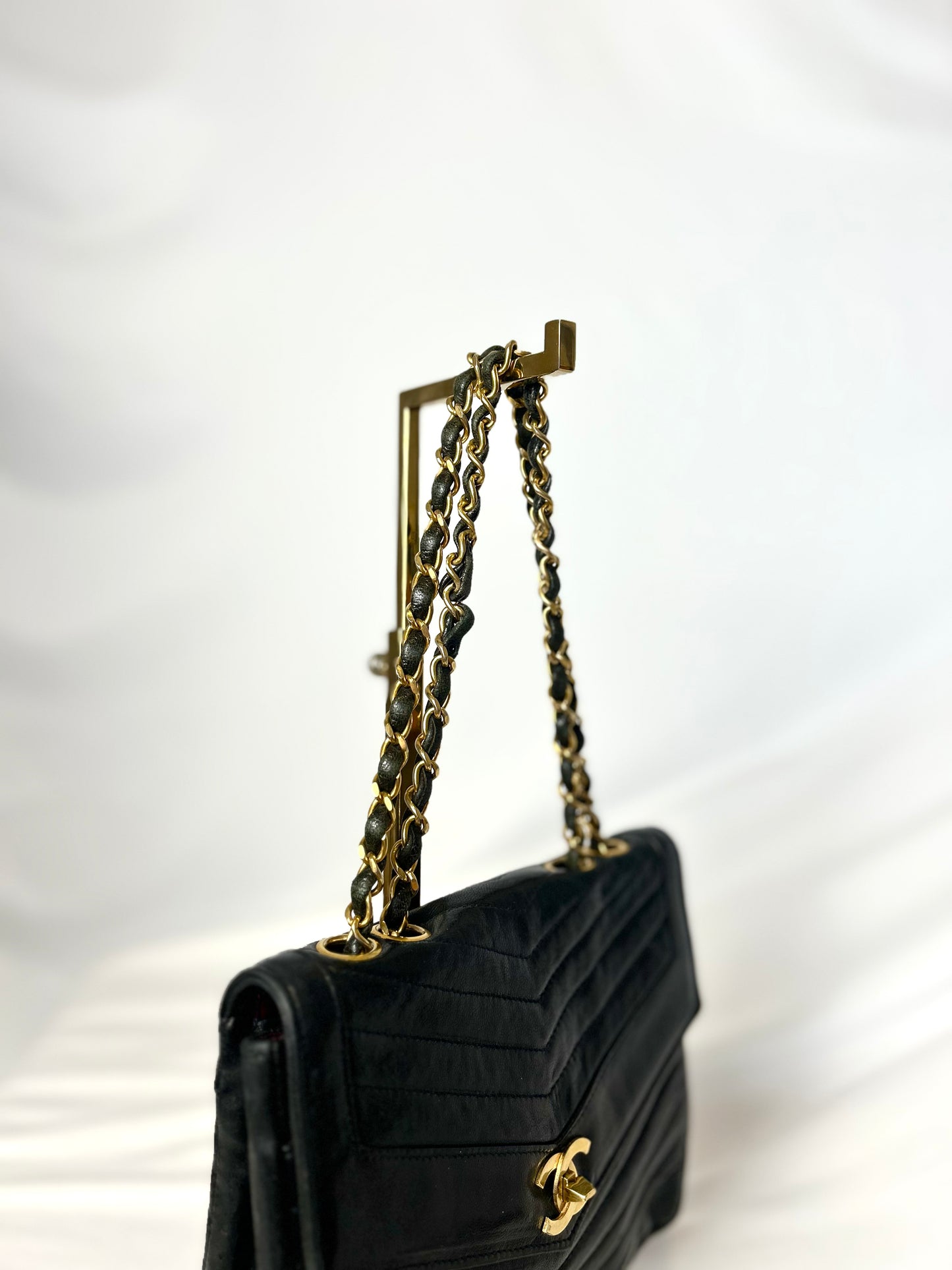 Black Lambskin Diagonal Quilted Flap Bag