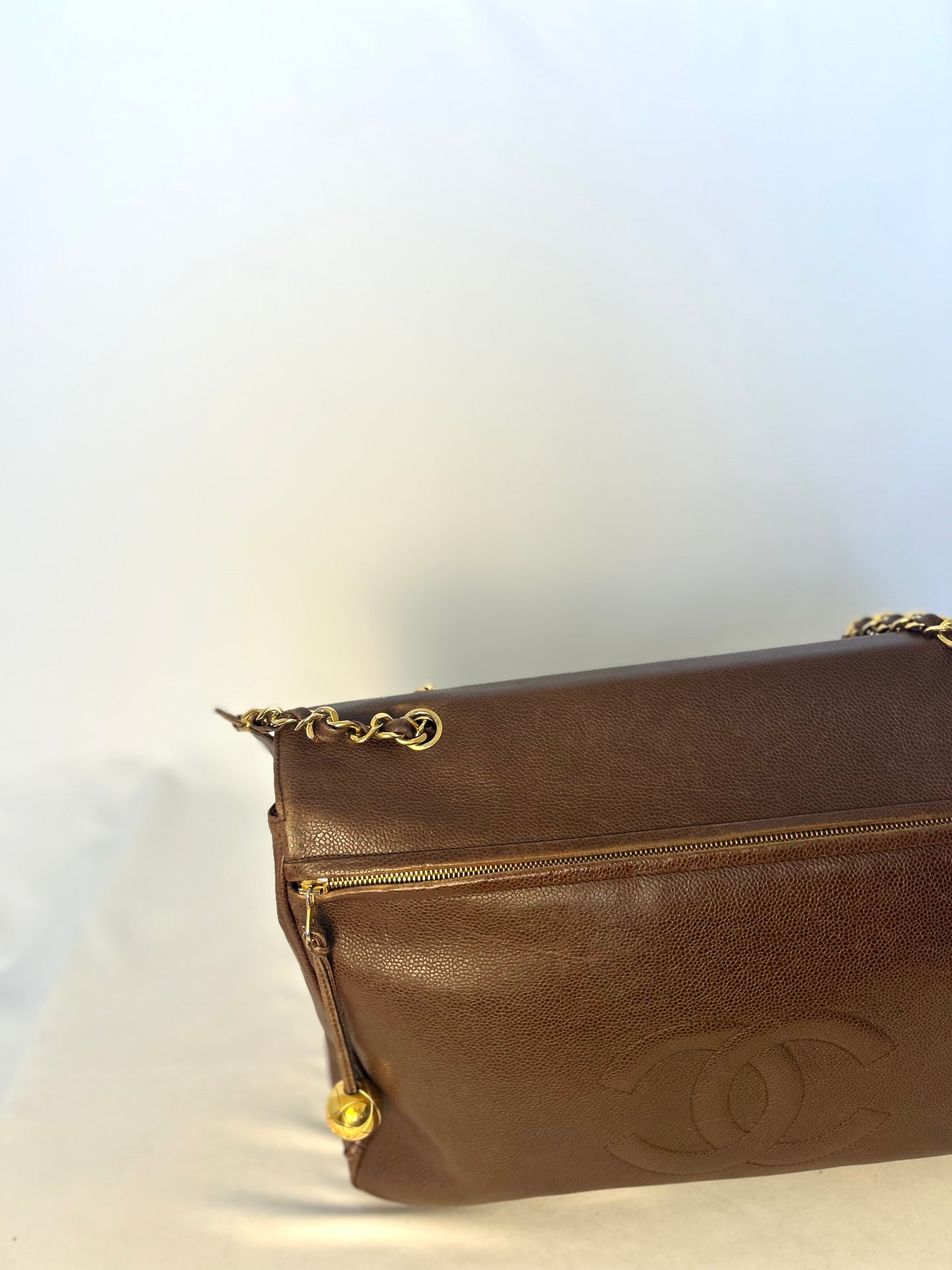 Authentic Chanel Vintage Caviar Supermodel XL Brown Flap Bag