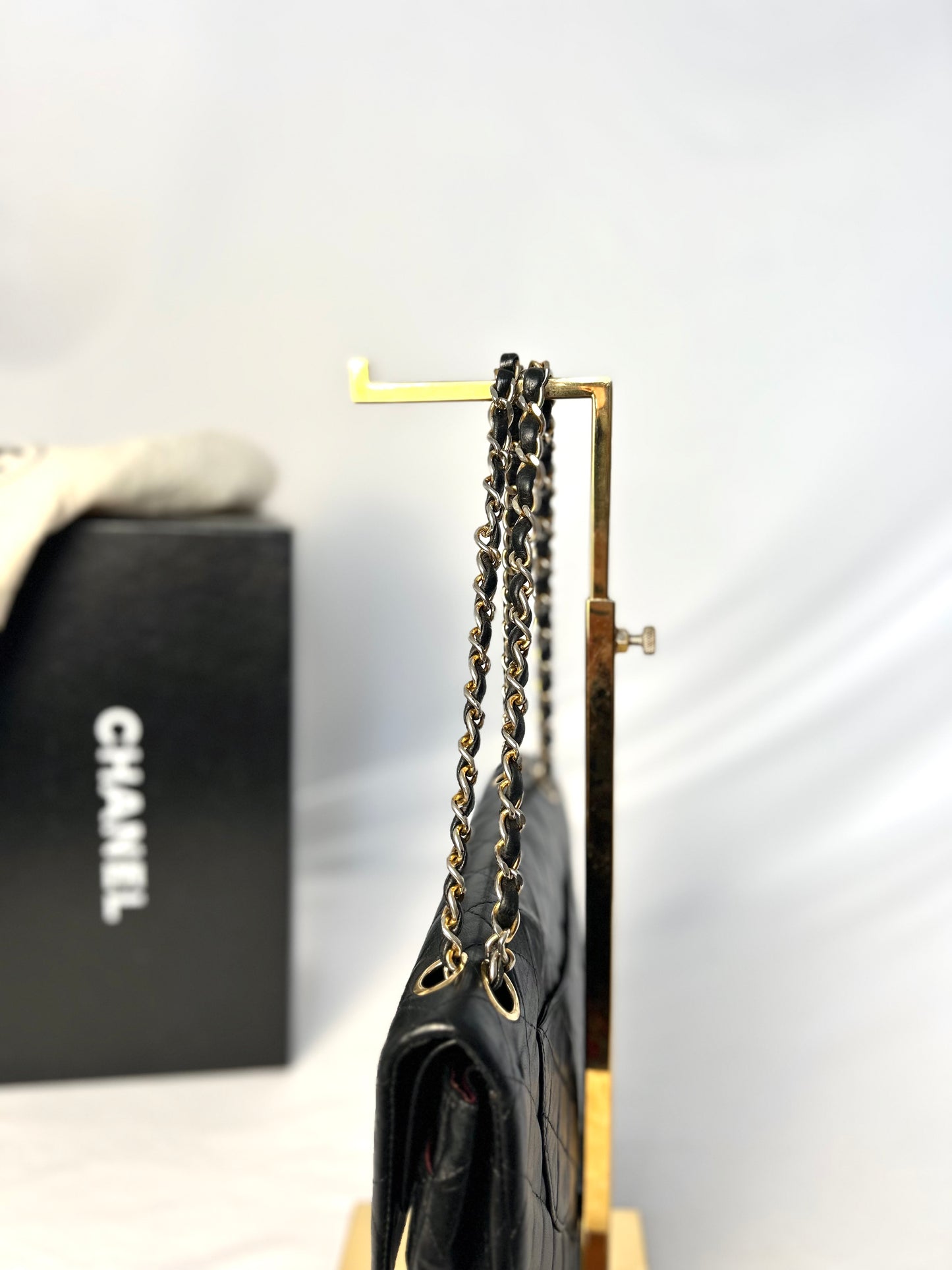 Authentic 1980s Vintage Chanel Black Lambskin Medium Classic Flap