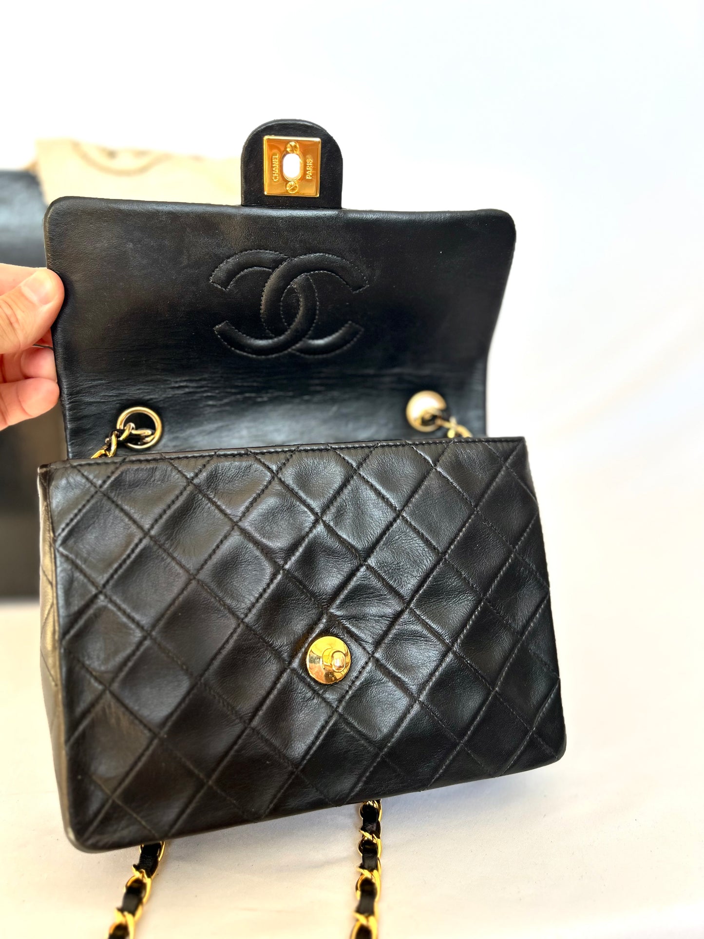 Authentic Chanel Black Lambskin Mini Square Flap Bag