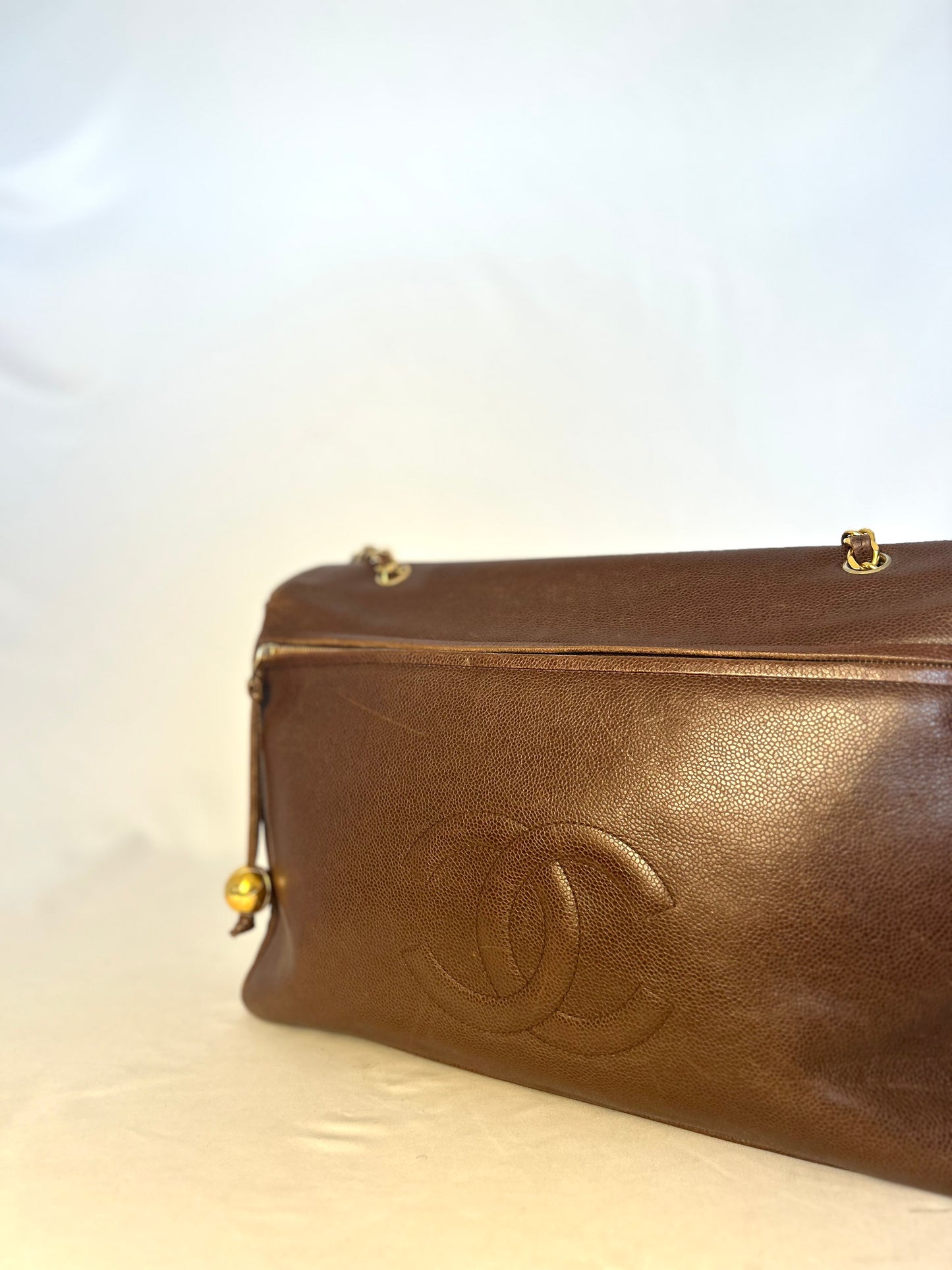 Authentic Chanel Vintage Caviar Supermodel XL Brown Flap Bag