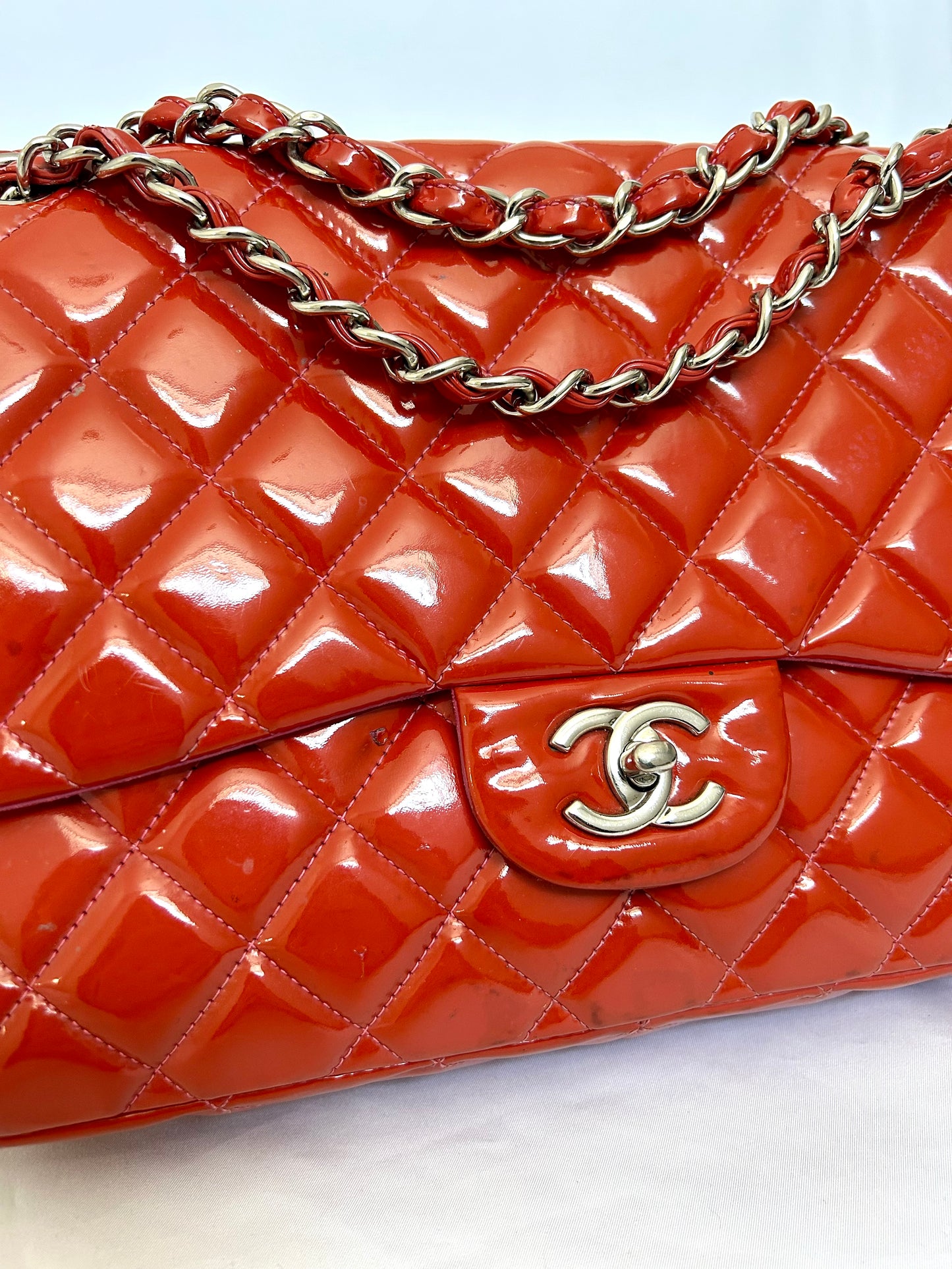 Chanel Orange Patent Medium Classic Flap