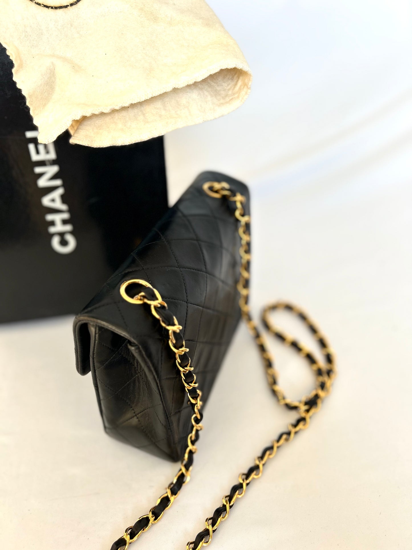 Authentic Chanel Black Lambskin Mini Square Flap Bag