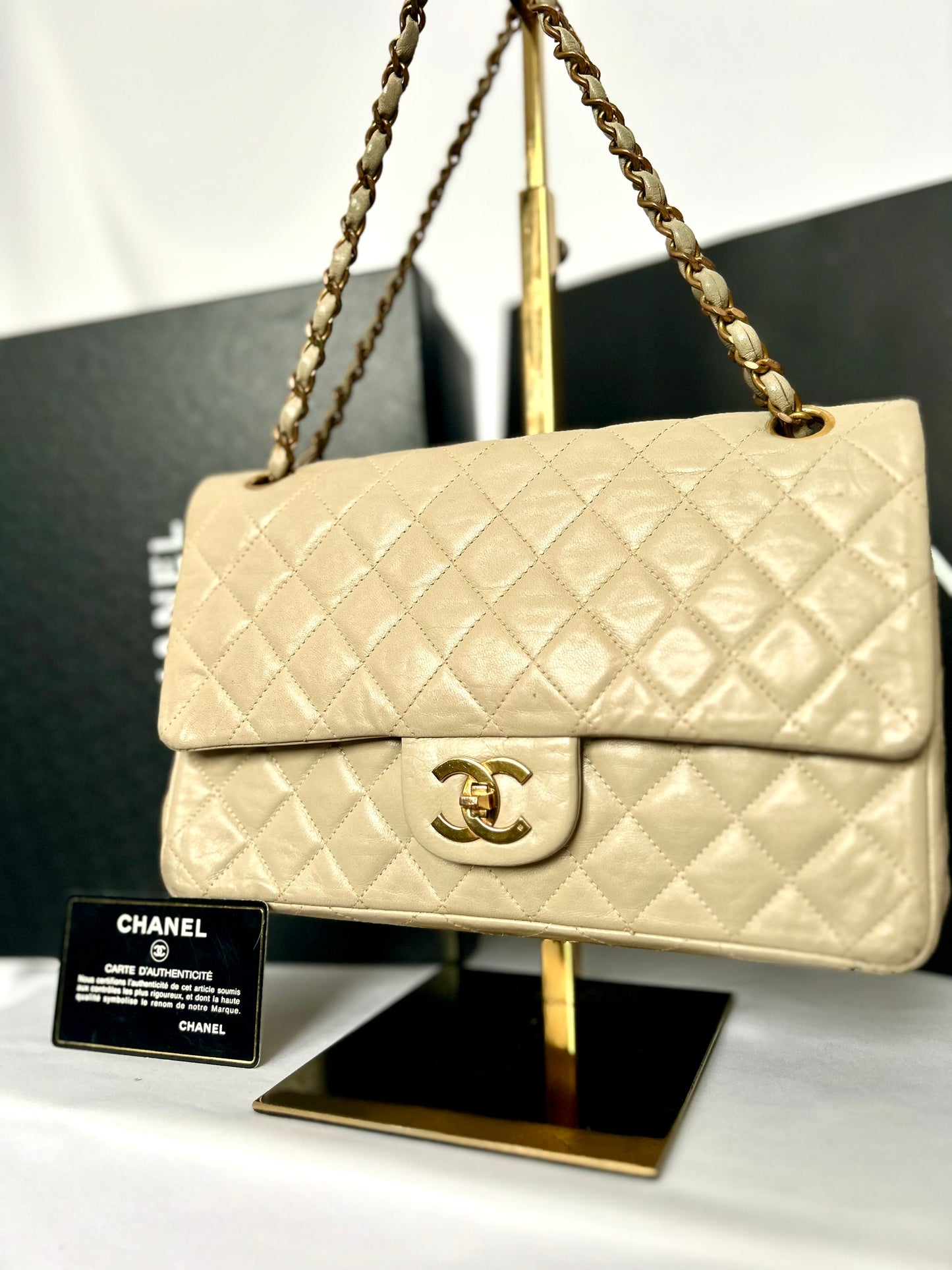 Beige Lambskin Medium Classic Flap