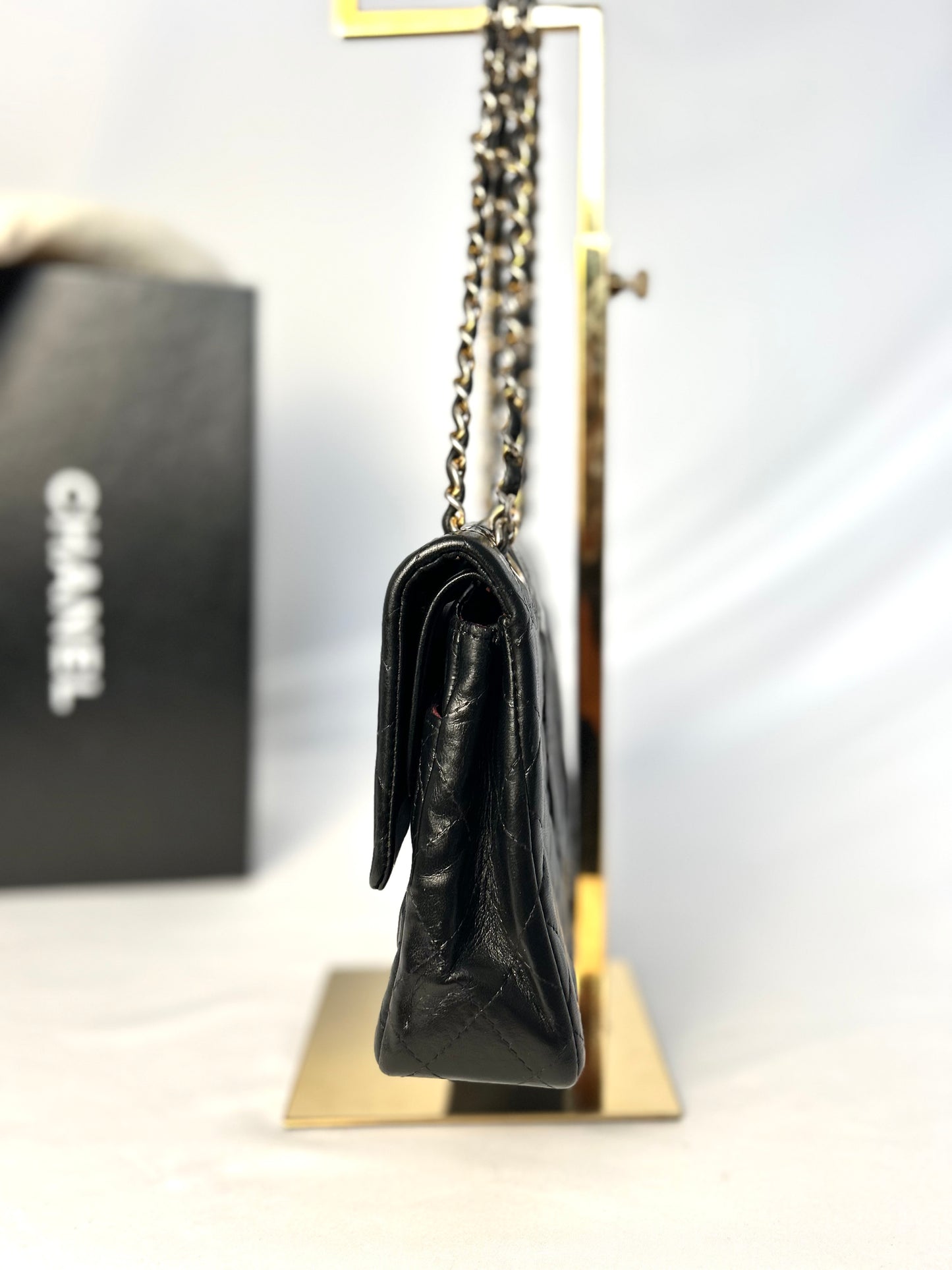 Authentic 1980s Vintage Chanel Black Lambskin Medium Classic Flap