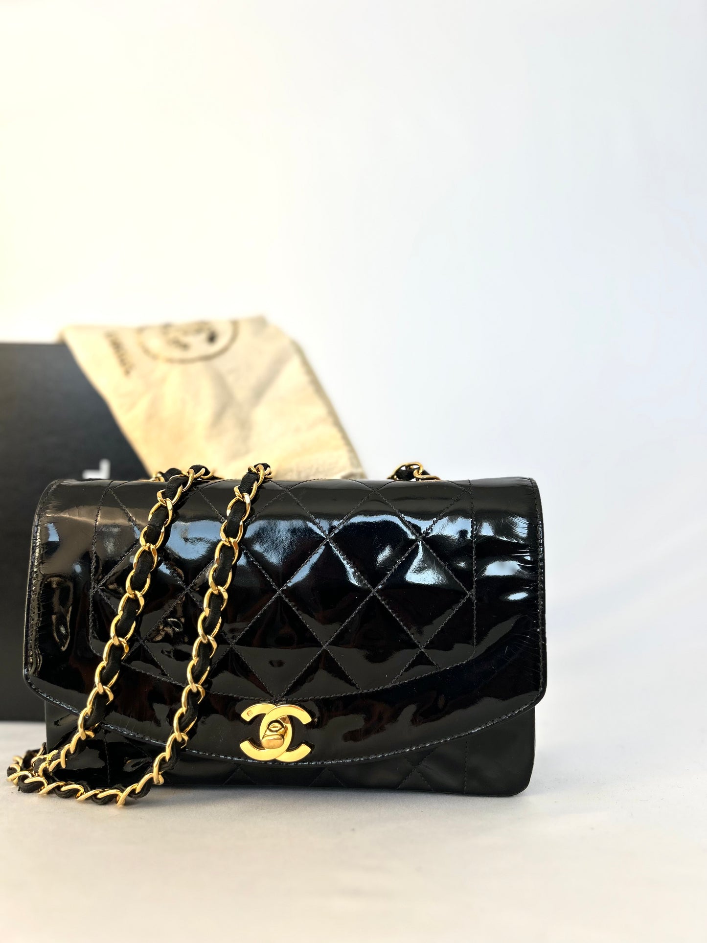 Authentic Chanel Patent Leather Small Diana Flap Bag