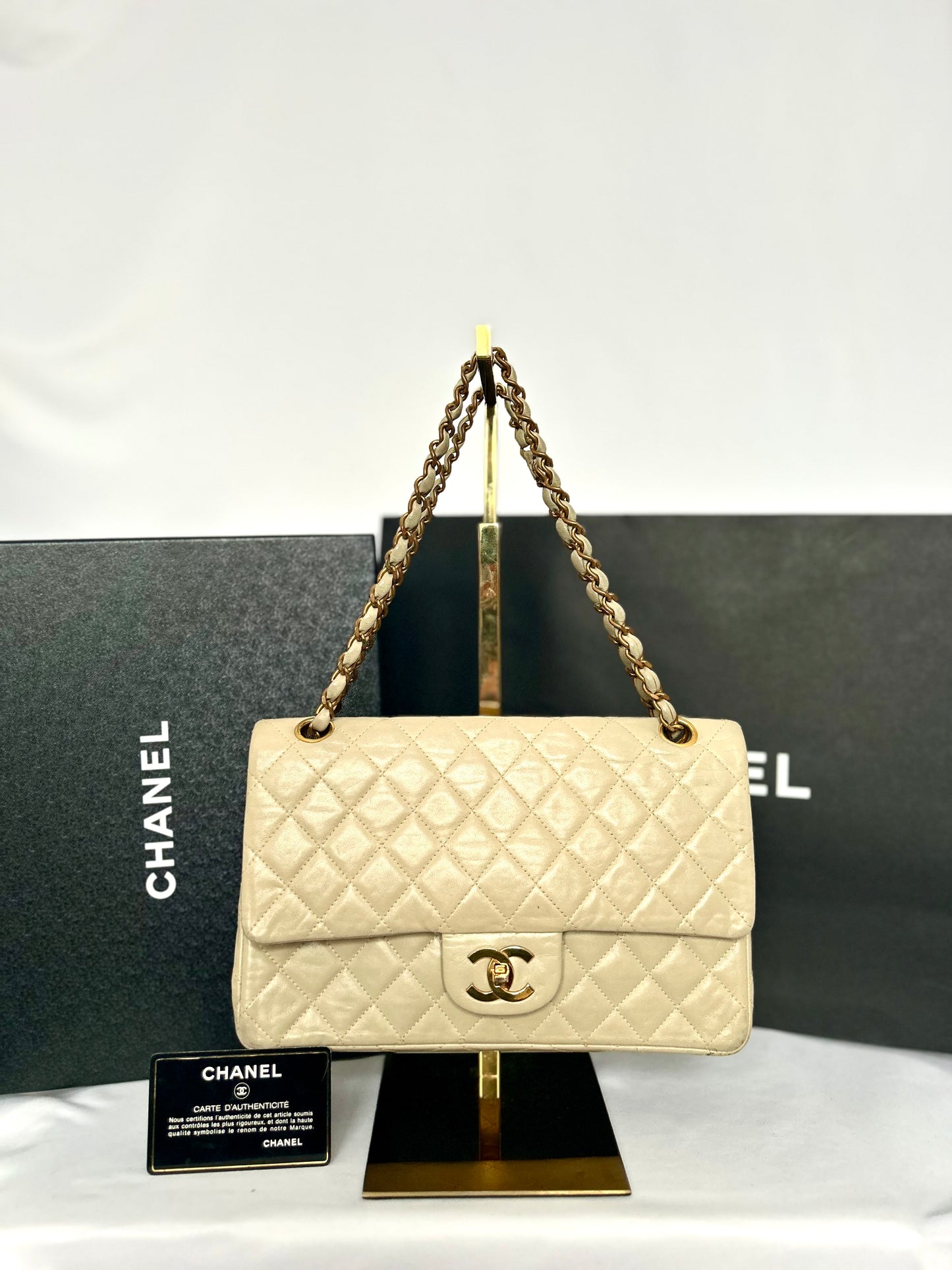 Beige Lambskin Medium Classic Flap