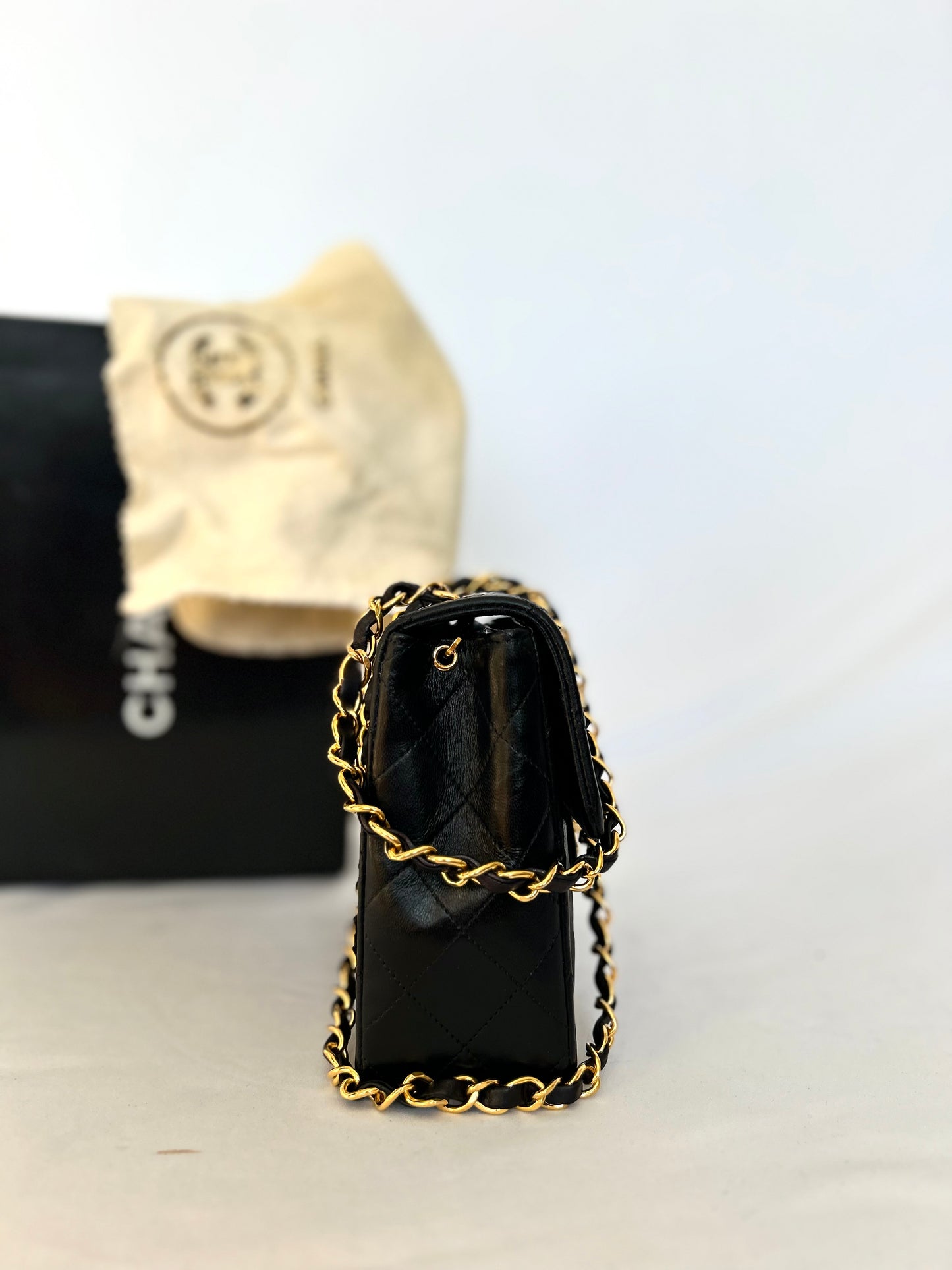 Authentic Chanel Black Lambskin Mini Square Flap Bag