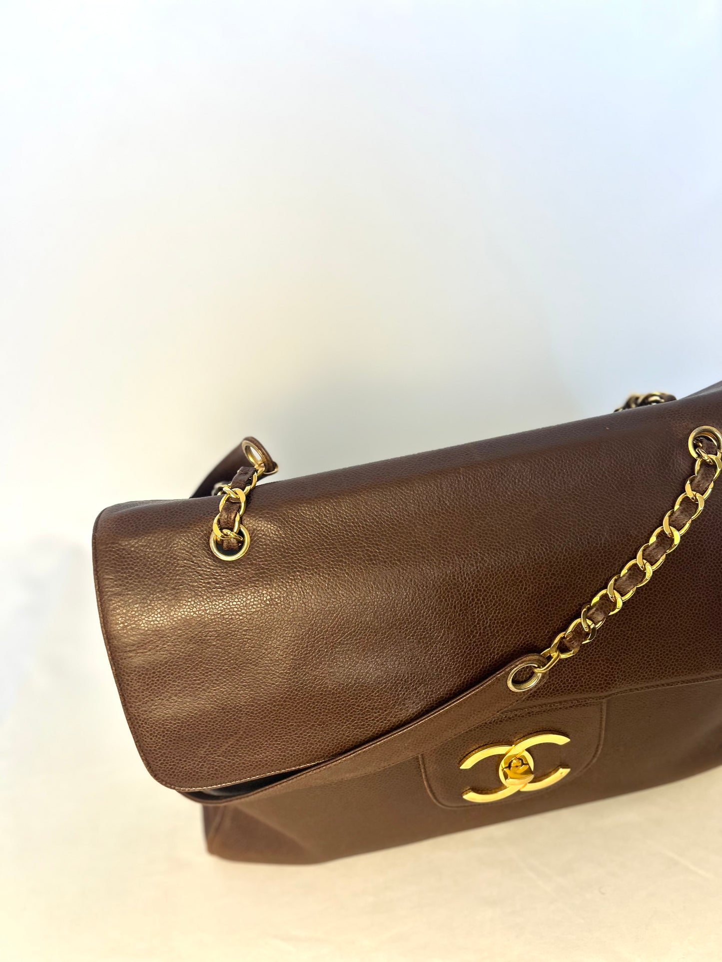 Authentic Chanel Vintage Caviar Supermodel XL Brown Flap Bag