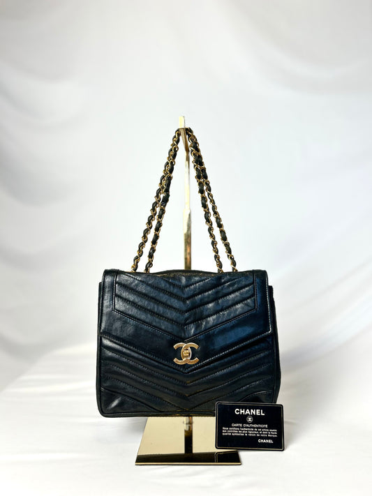 Black Lambskin Diagonal Quilted Flap Bag