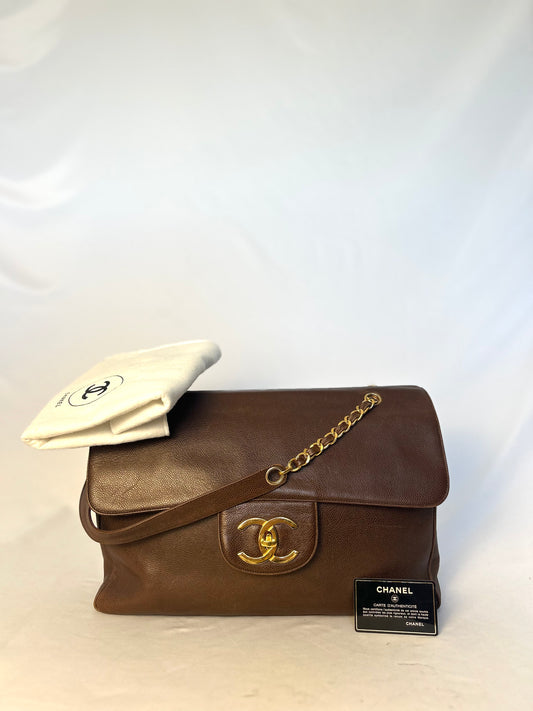 Authentic Chanel Vintage Caviar Supermodel XL Brown Flap Bag