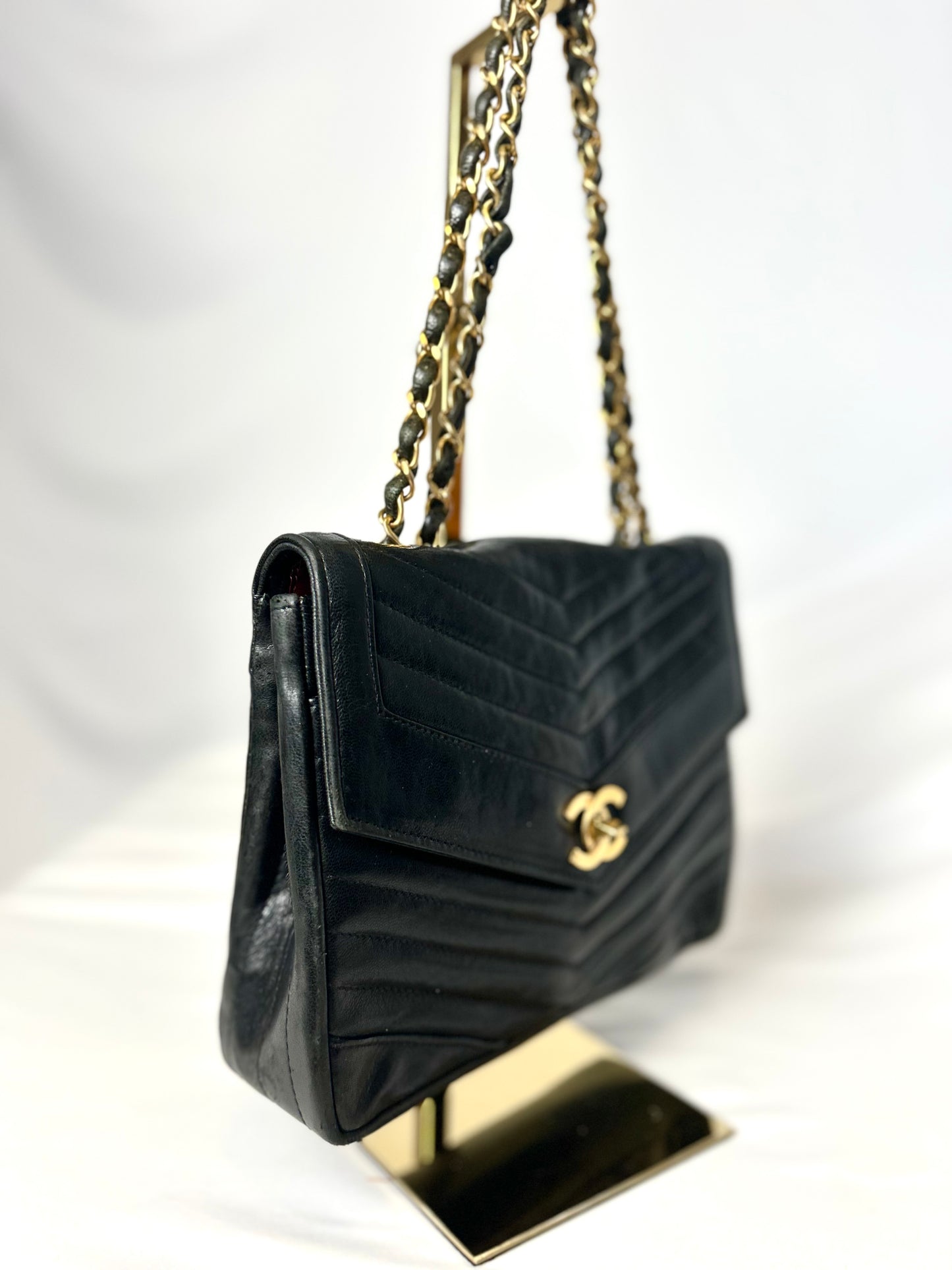 Black Lambskin Diagonal Quilted Flap Bag