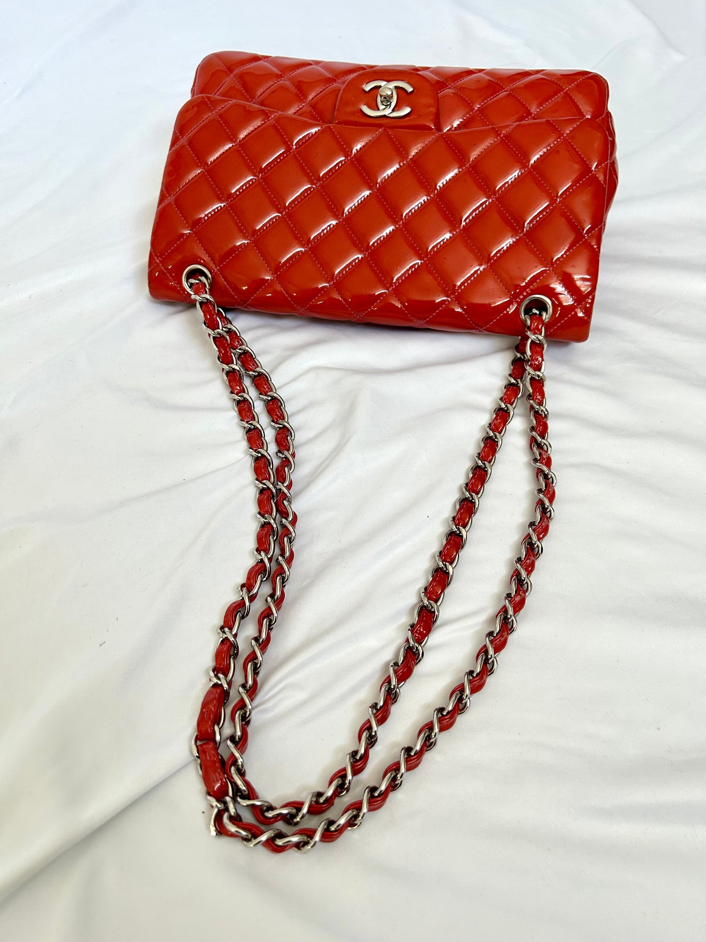 Chanel Orange Patent Medium Classic Flap