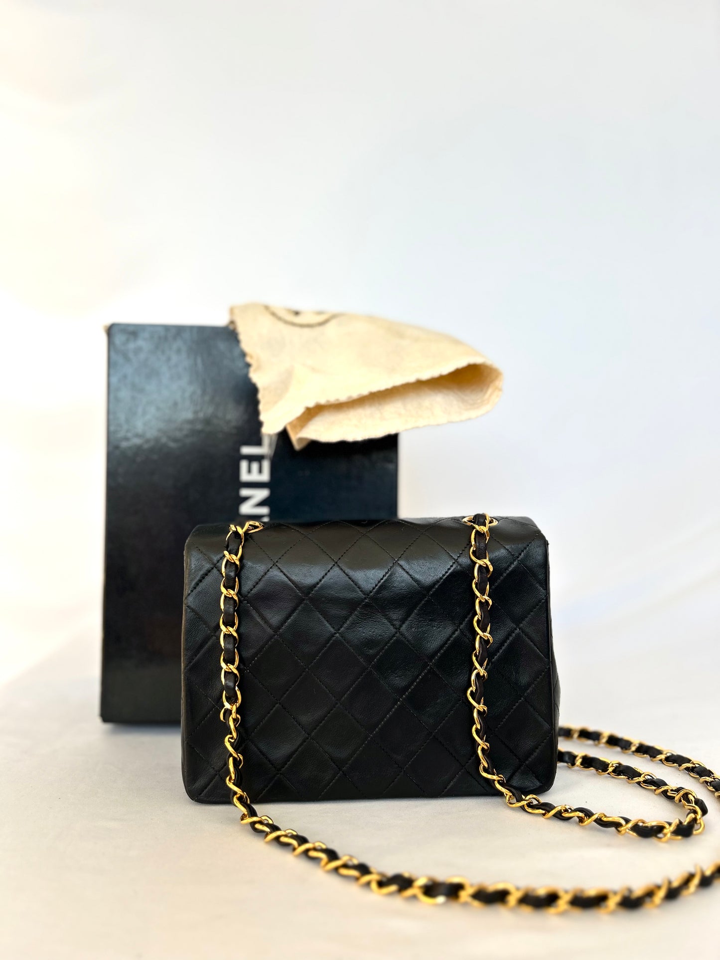 Authentic Chanel Black Lambskin Mini Square Flap Bag