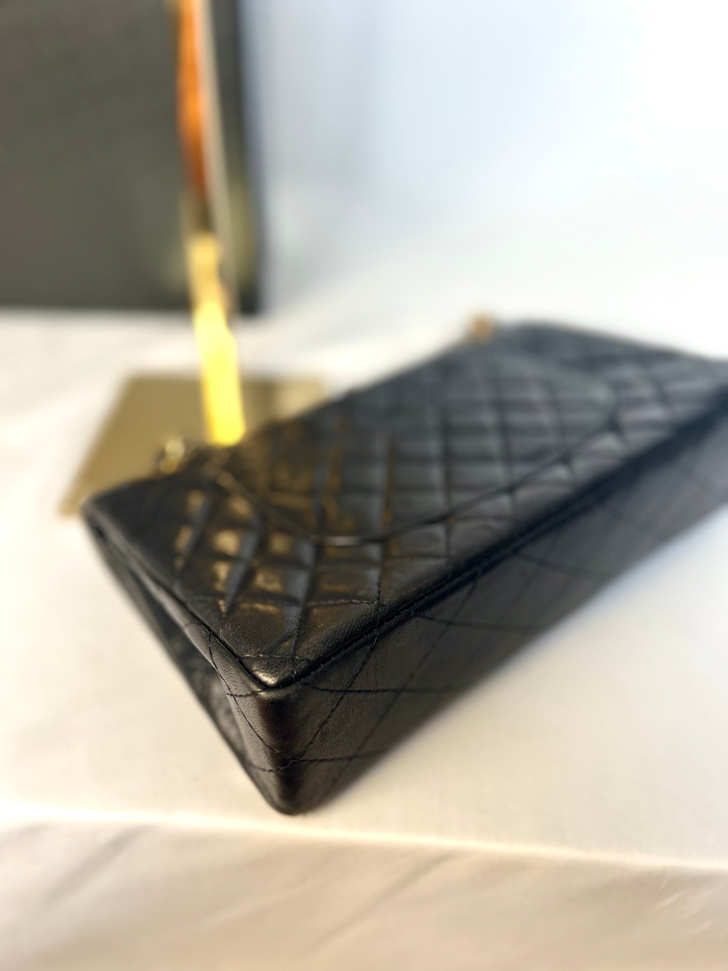 Authentic 1980s Chanel Black Lambskin Medium Classic Flap