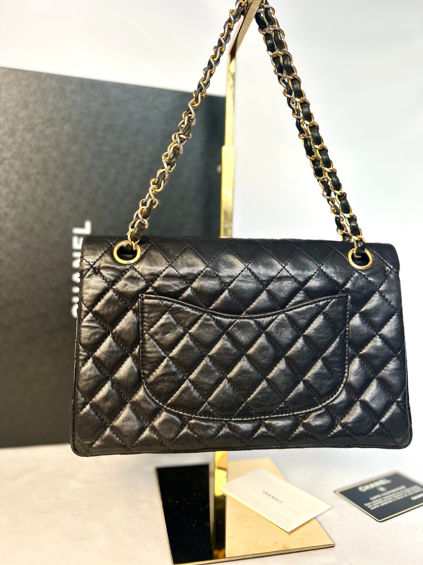 Authentic 1980s Chanel Black Lambskin Medium Classic Flap