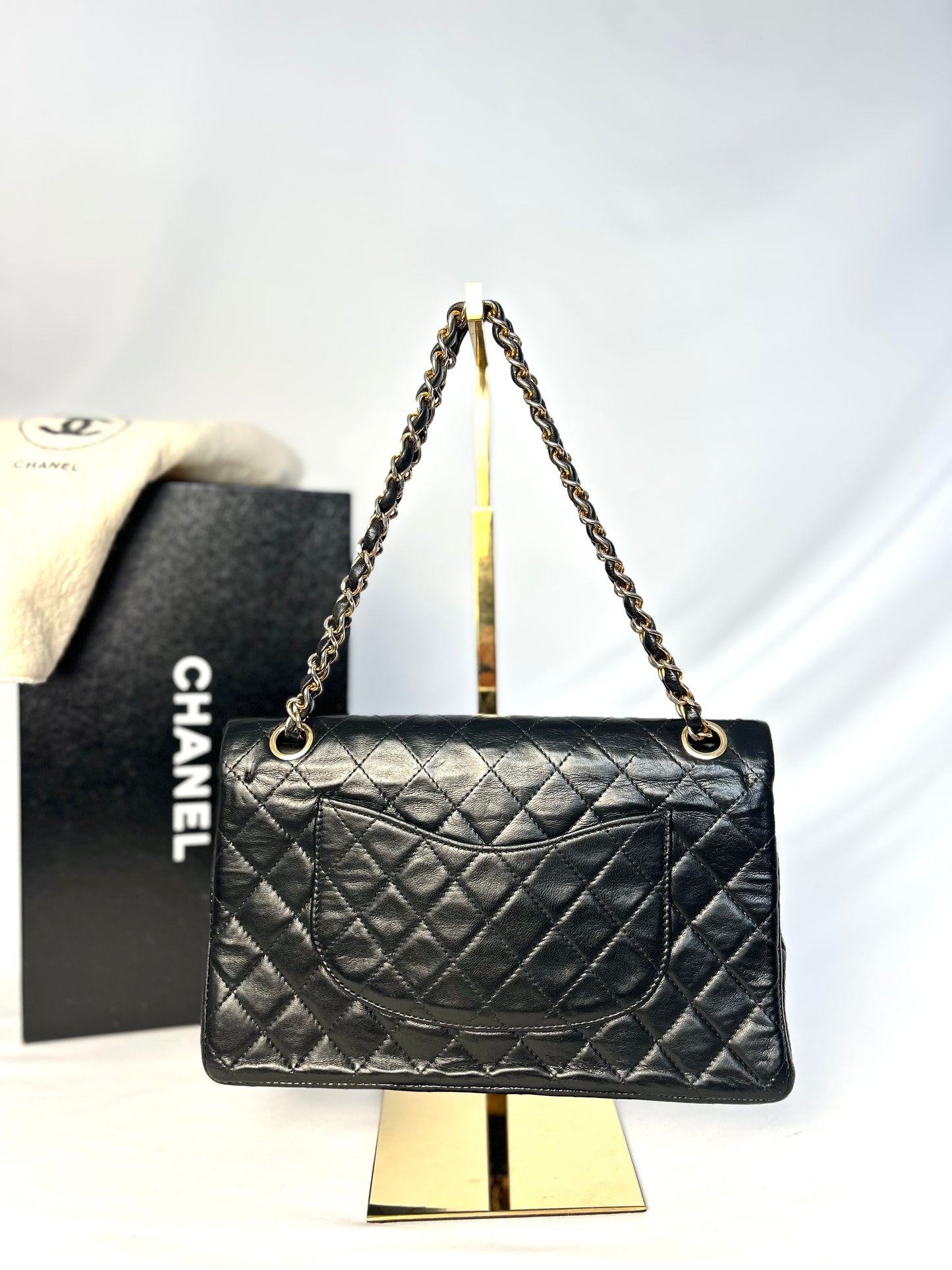Authentic 1980s Vintage Chanel Black Lambskin Medium Classic Flap