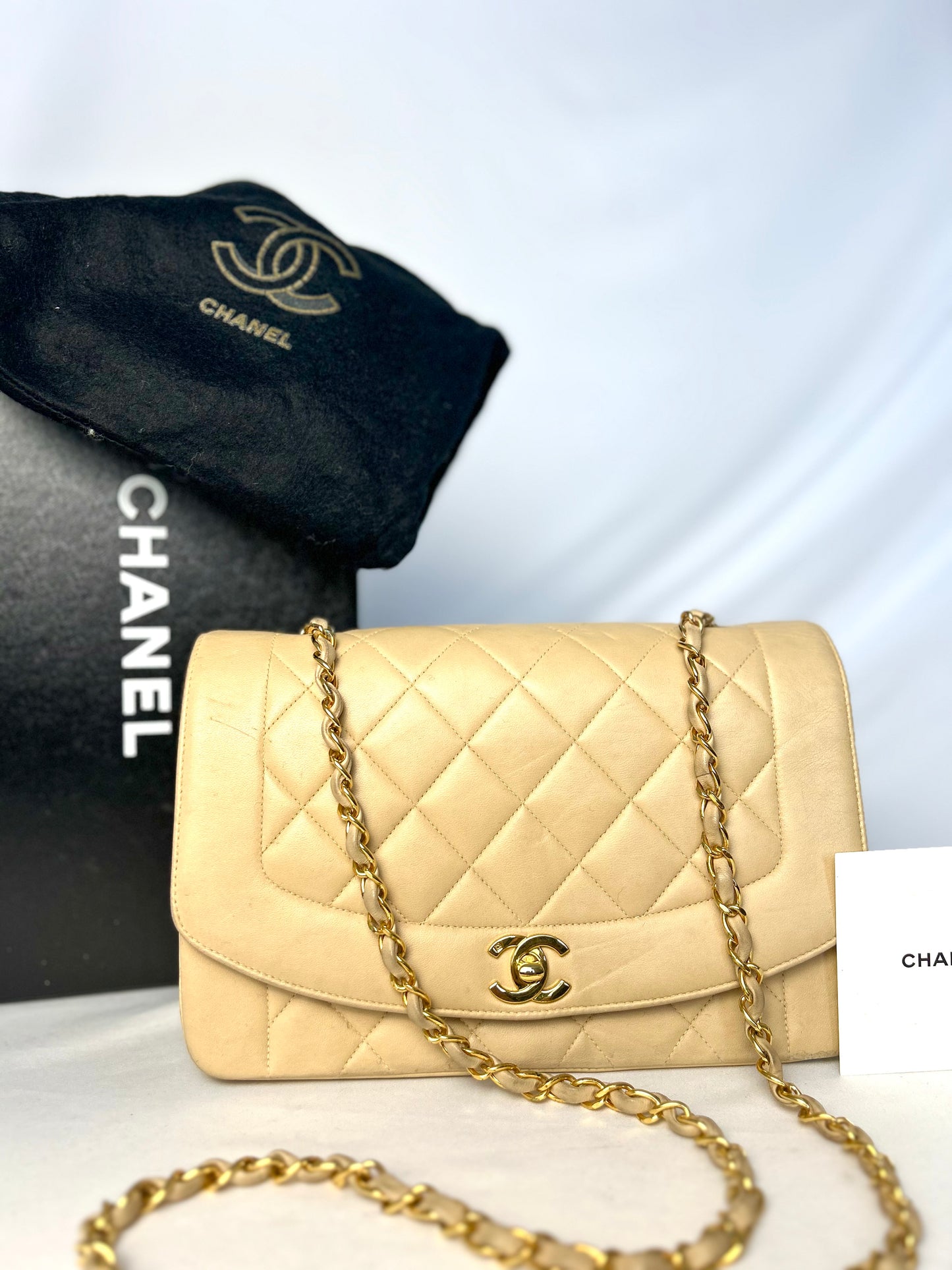 Authentic Vintage Chanel Beige Lambskin Diana Flap Bag