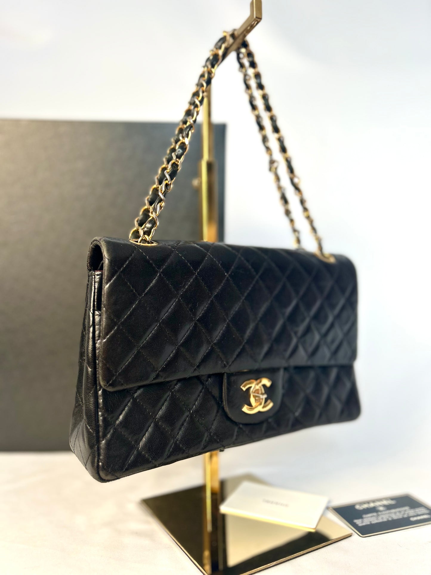 Authentic 1980s Chanel Black Lambskin Medium Classic Flap