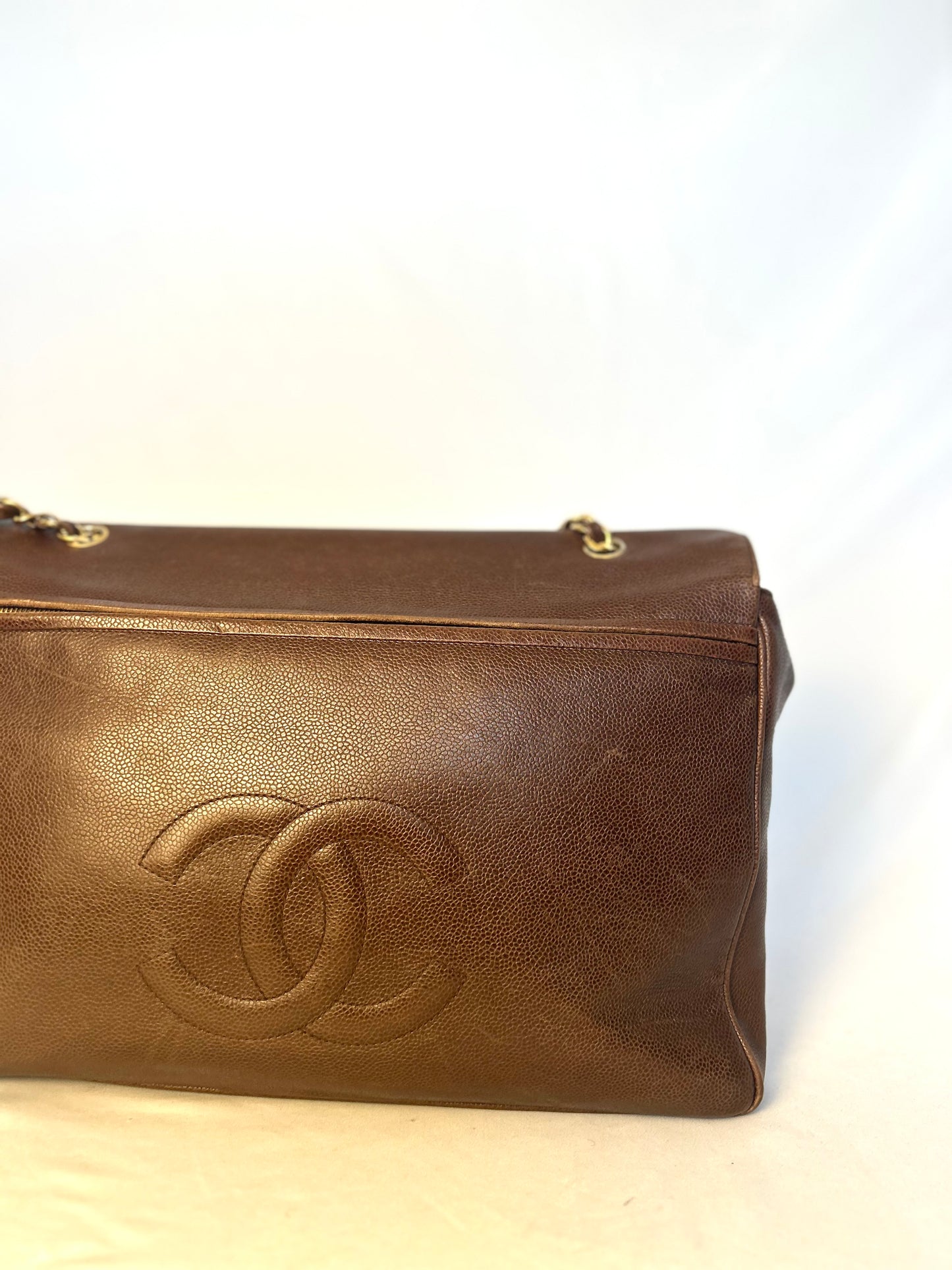 Authentic Chanel Vintage Caviar Supermodel XL Brown Flap Bag