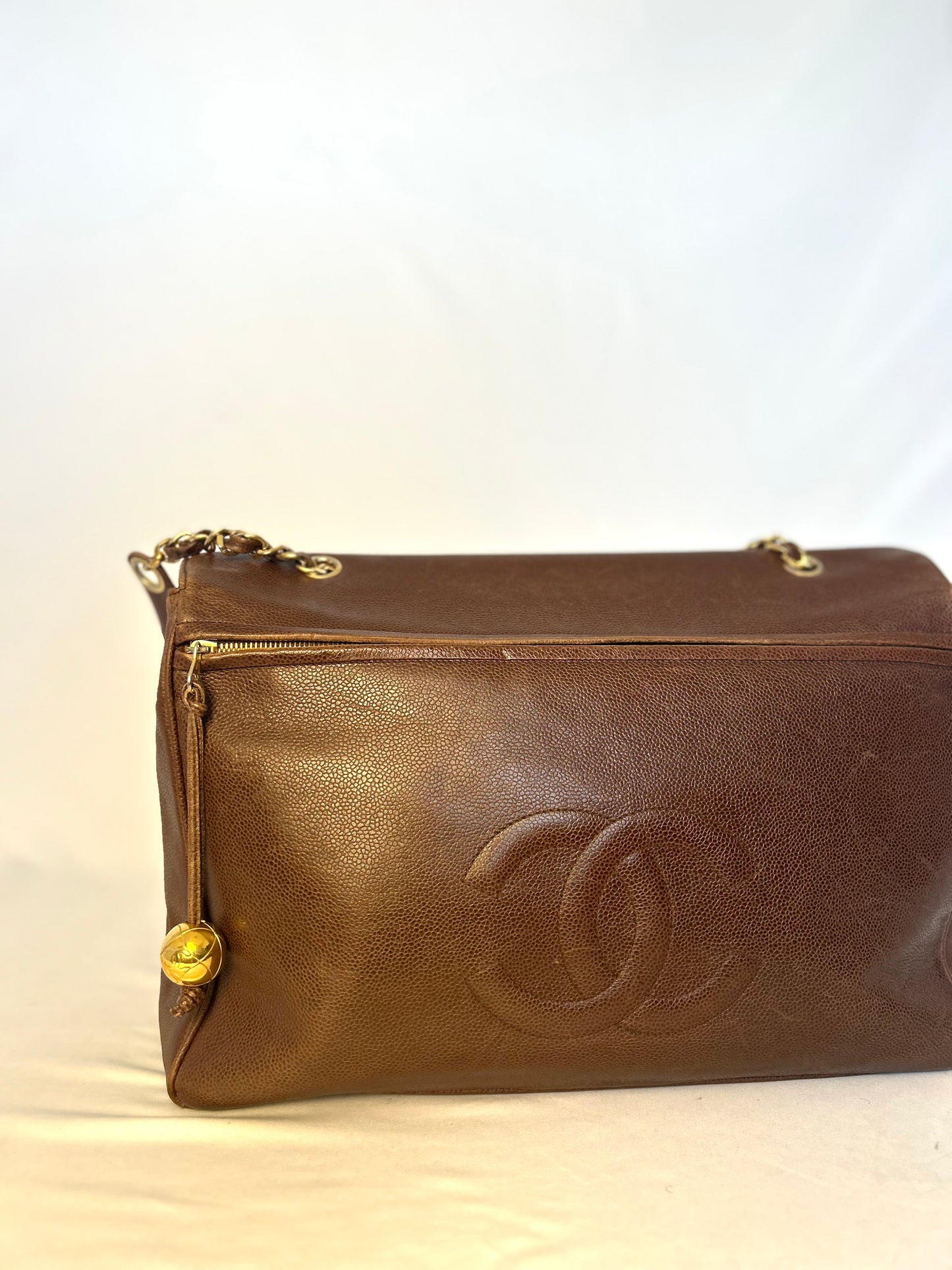 Authentic Chanel Vintage Caviar Supermodel XL Brown Flap Bag