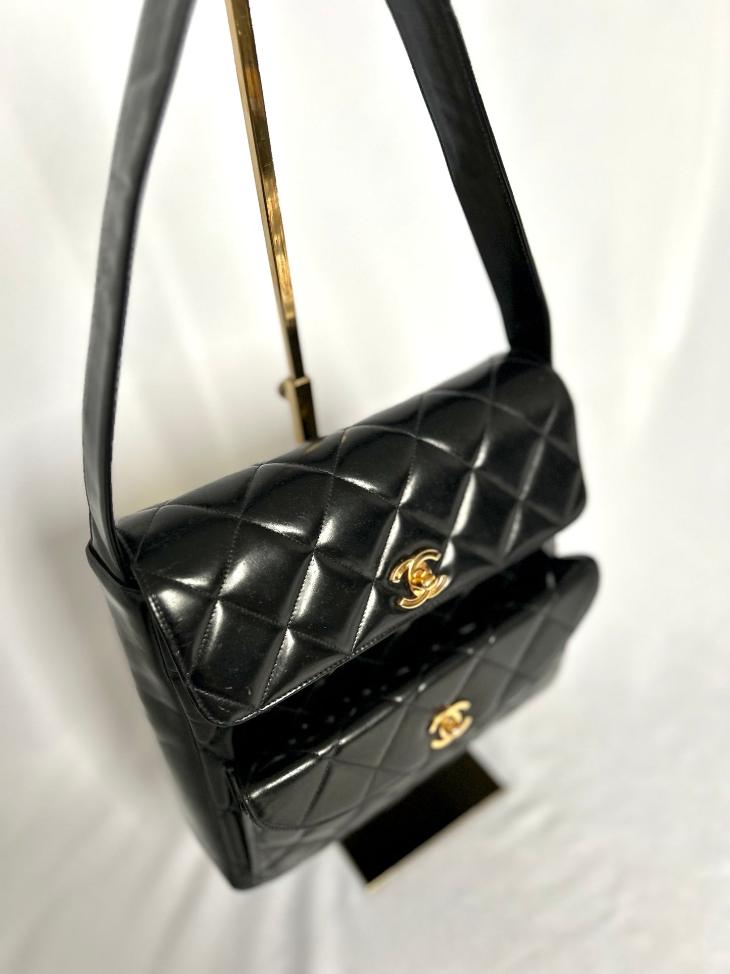 Chanel Double Turnlock Patent Leather Shoulder Bag