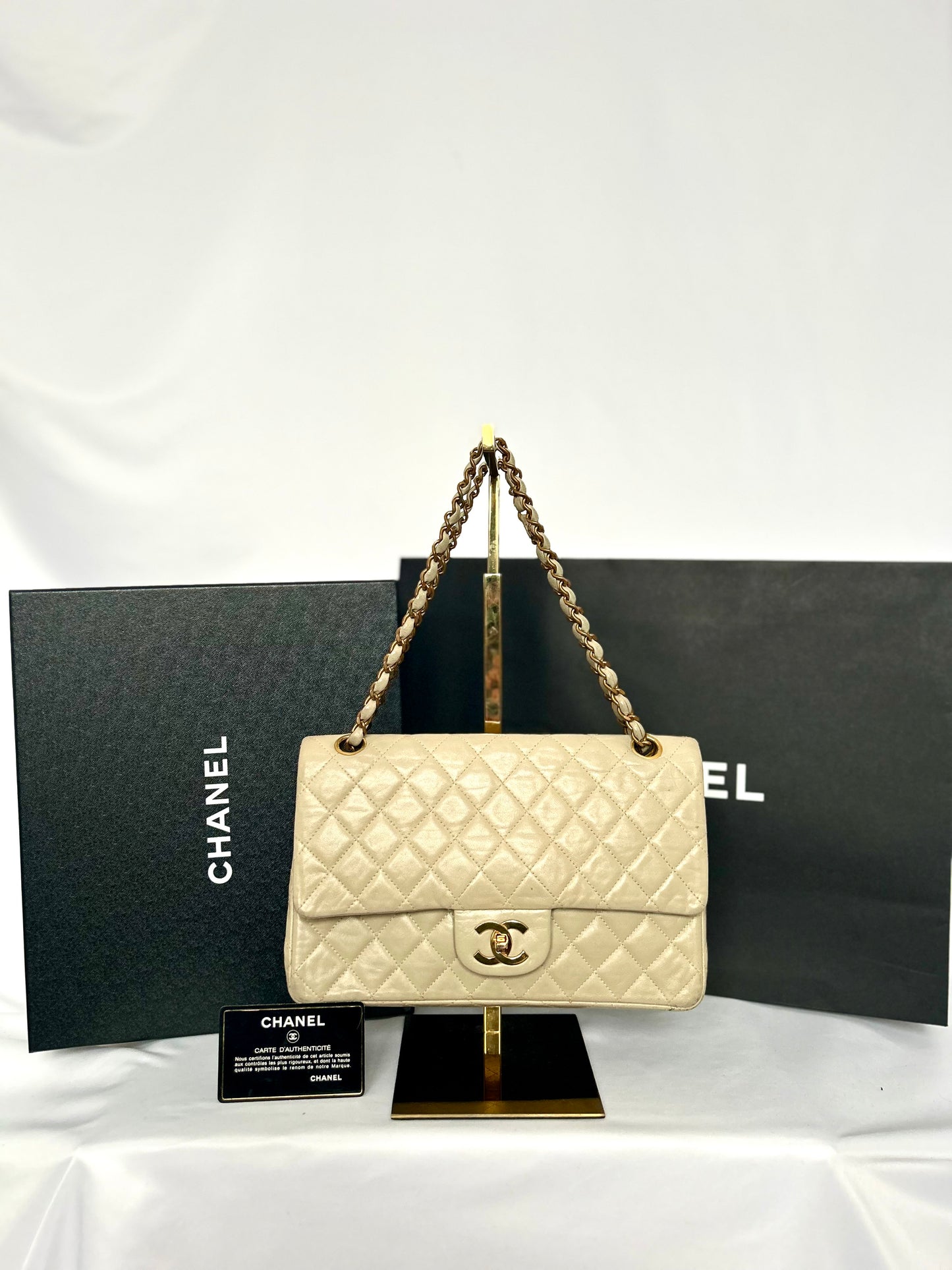 Beige Lambskin Medium Classic Flap